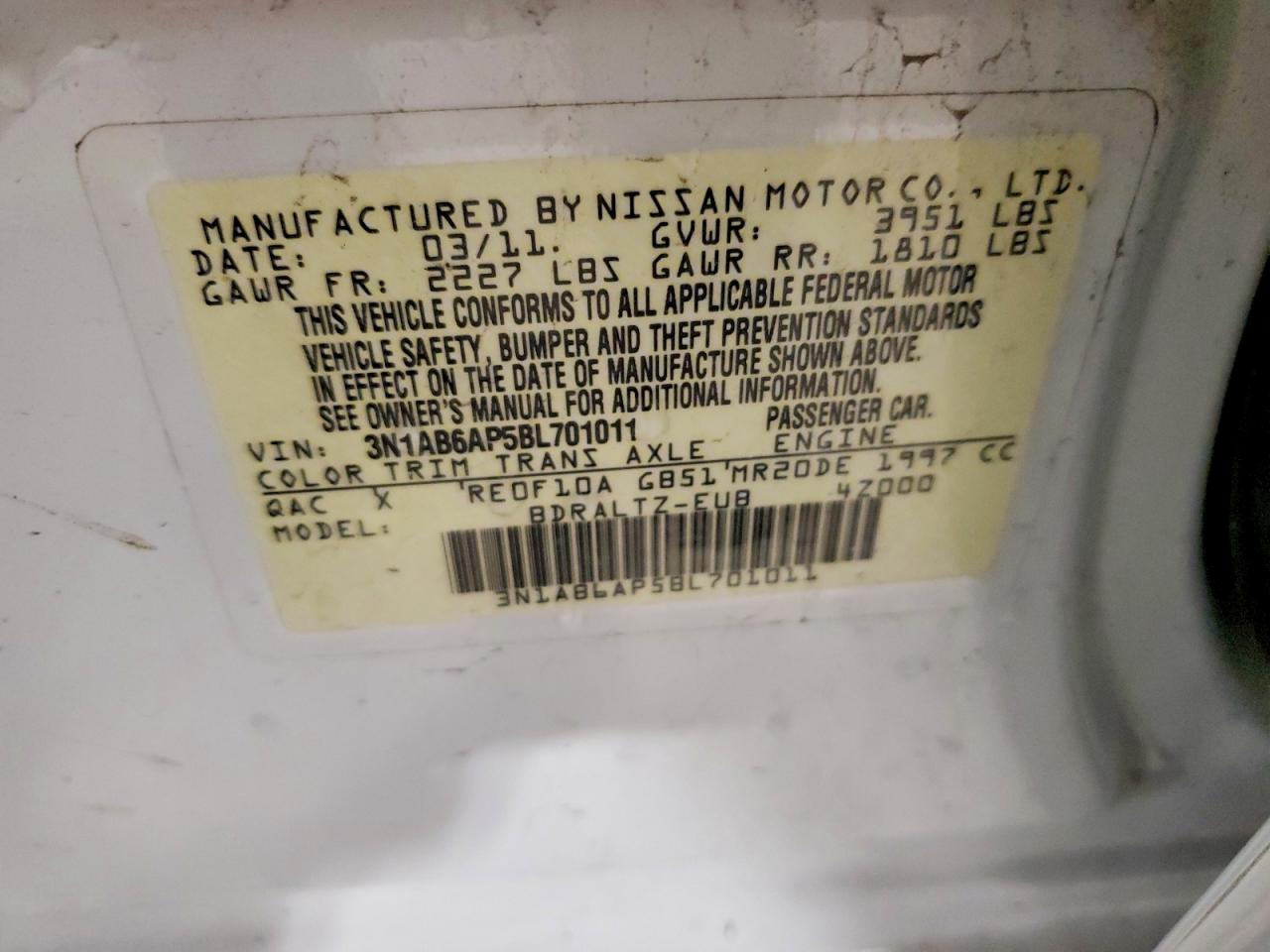 2011 Nissan Sentra Sl W/continuo White vin: 3N1AB6AP5BL701011