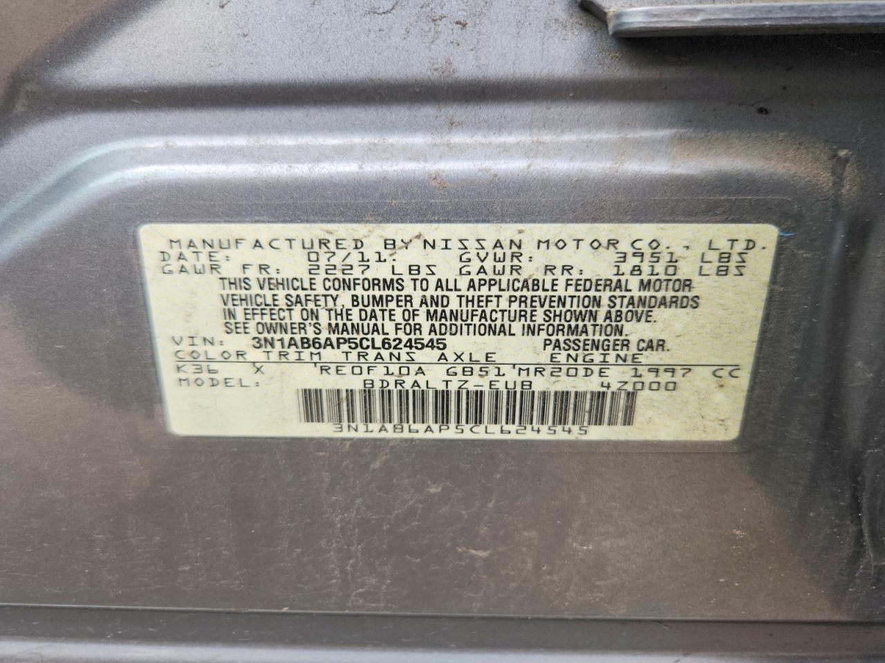 2012 Nissan Sentra Серебряный vin: 3N1AB6AP5CL624545