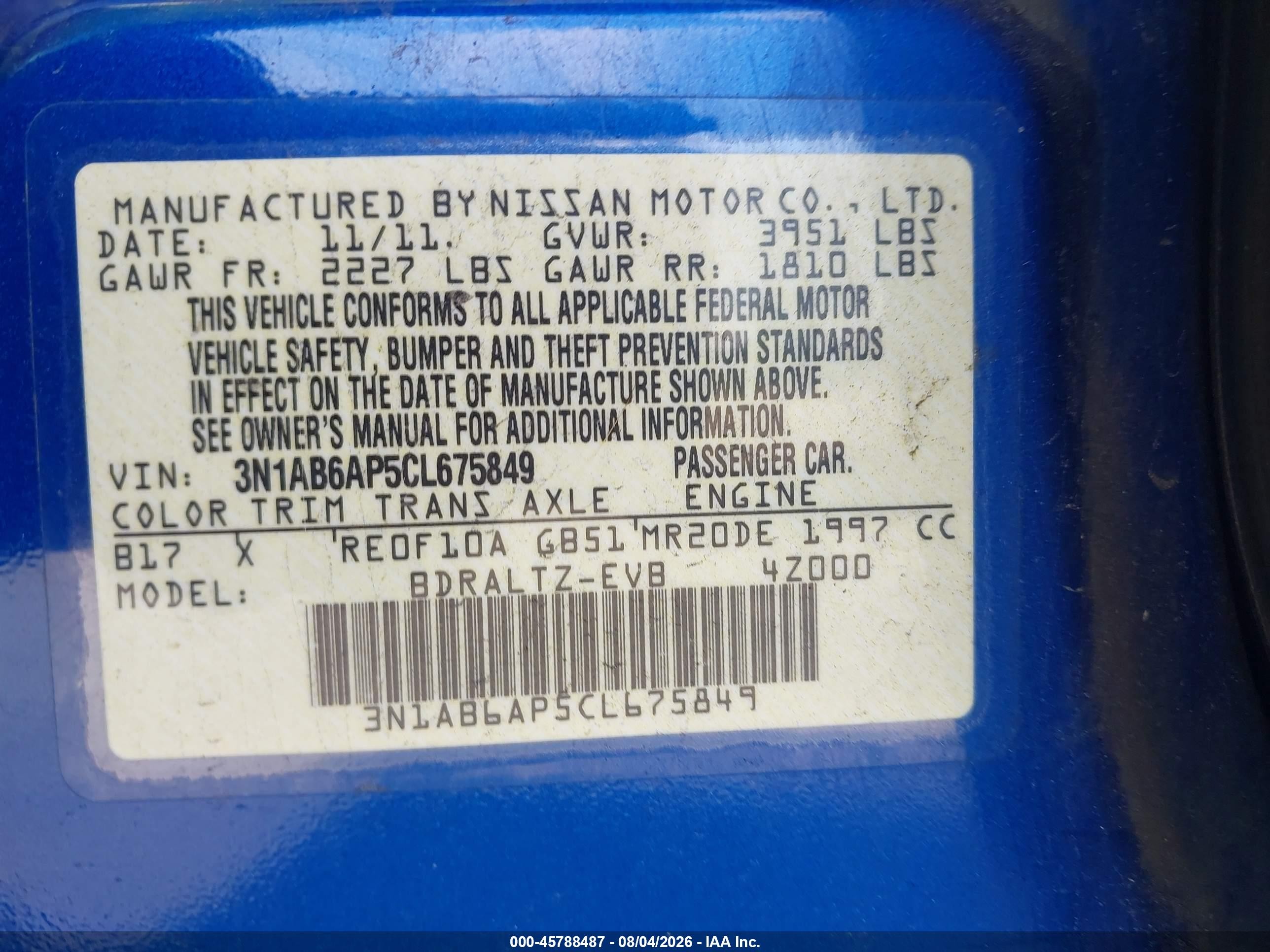 2012 Nissan Sentra 2.0 Sr Blue vin: 3N1AB6AP5CL675849