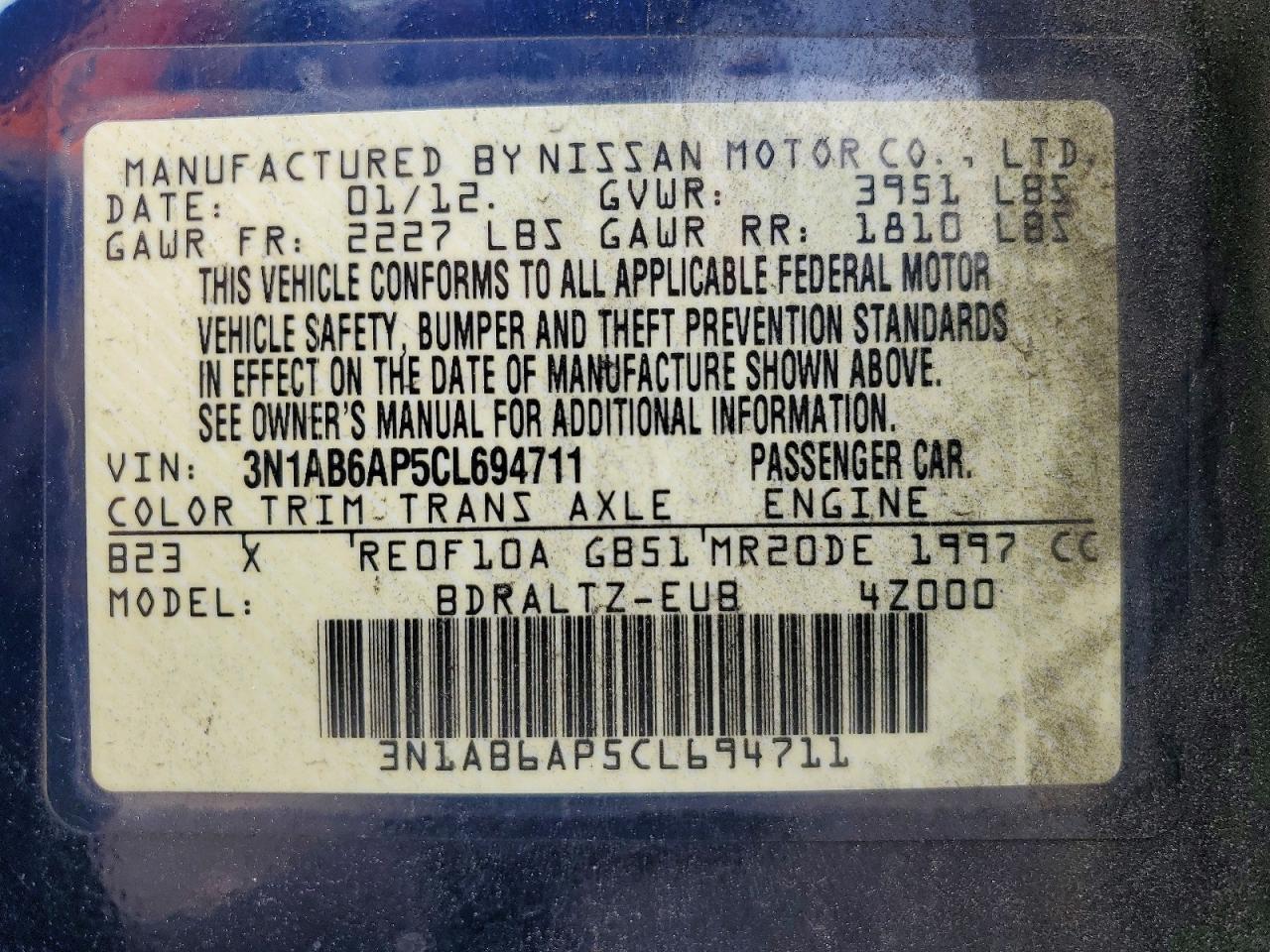 2012 Nissan Sentra 2.0 Blue vin: 3N1AB6AP5CL694711