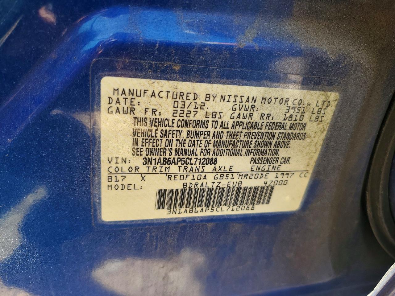 2012 Nissan Sentra 2.0 Blue vin: 3N1AB6AP5CL712088