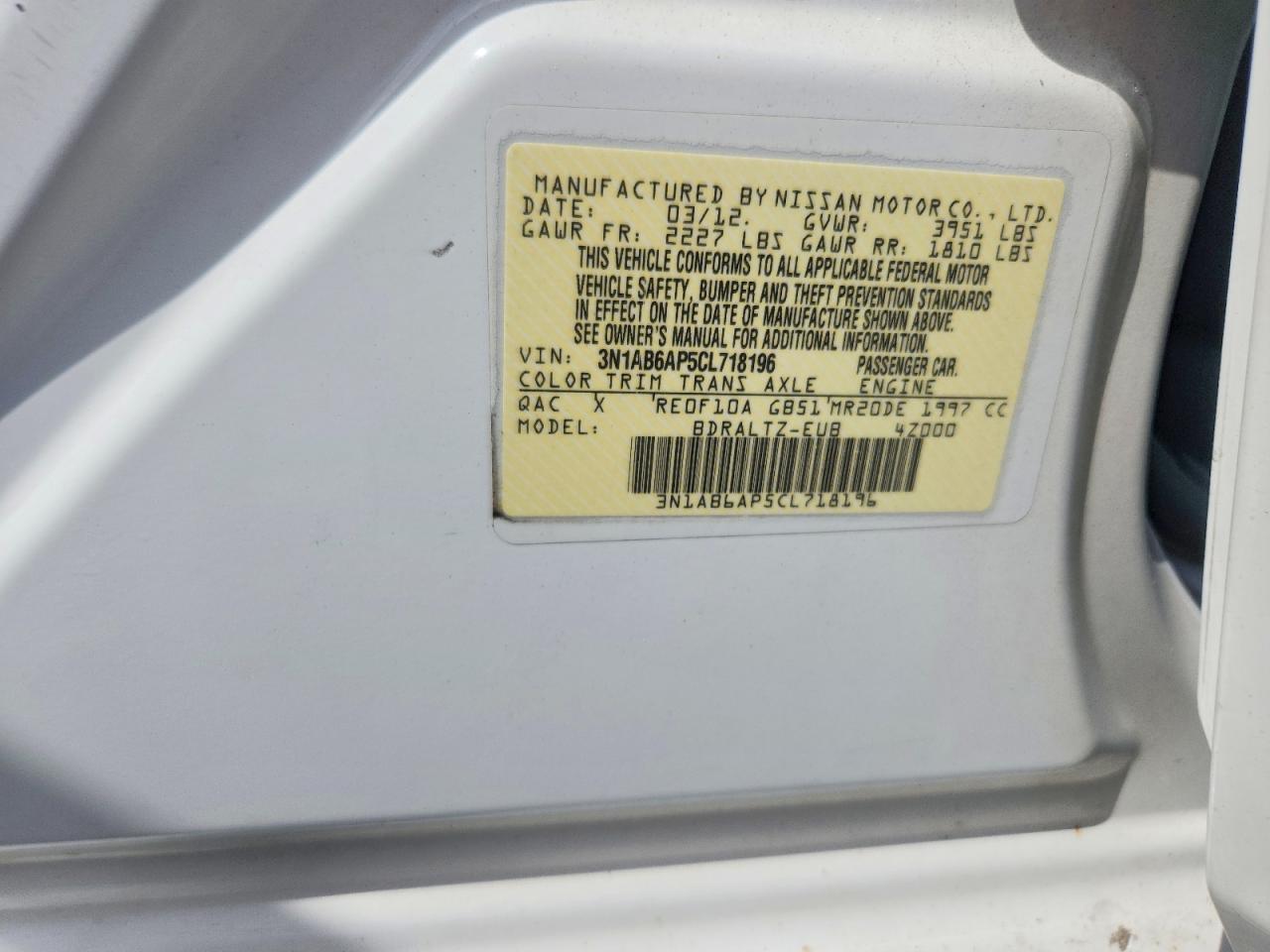 2012 Nissan Sentra White vin: 3N1AB6AP5CL718196