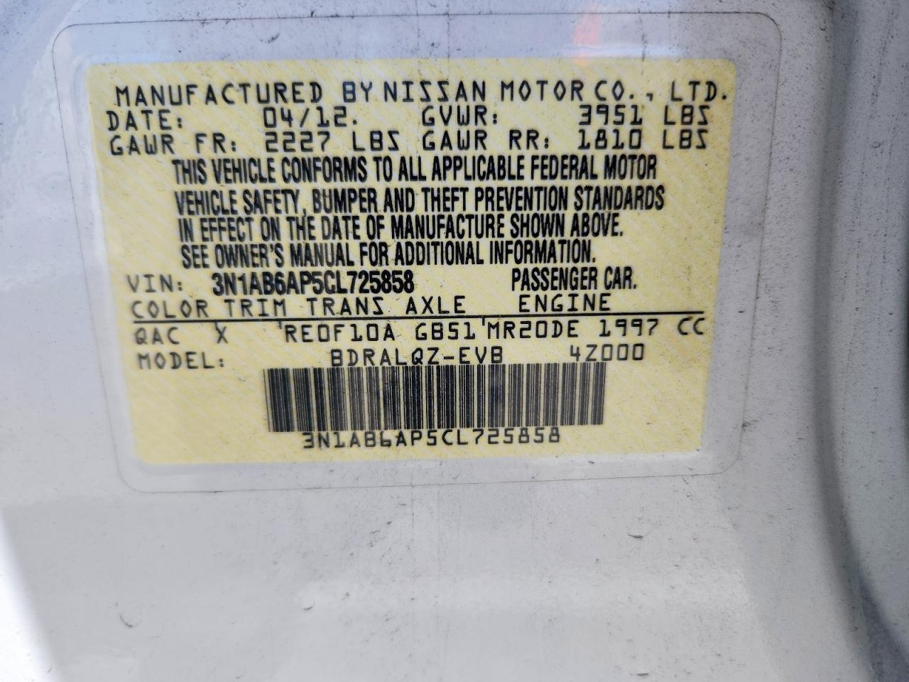 2012 Nissan Sentra 2.0 White vin: 3N1AB6AP5CL725858