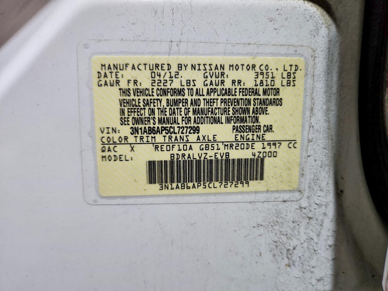 2012 Nissan Sentra 2.0 White vin: 3N1AB6AP5CL727299
