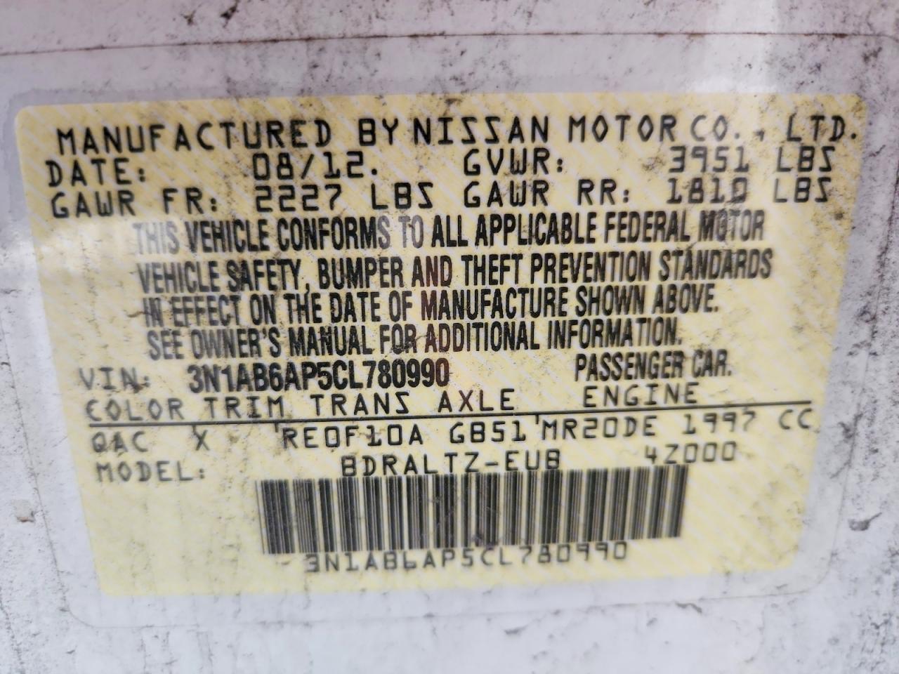 2012 Nissan Sentra 2.0 White vin: 3N1AB6AP5CL780990