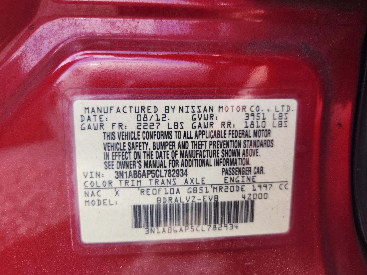 2012 Nissan Sentra 2.0 Red vin: 3N1AB6AP5CL782934