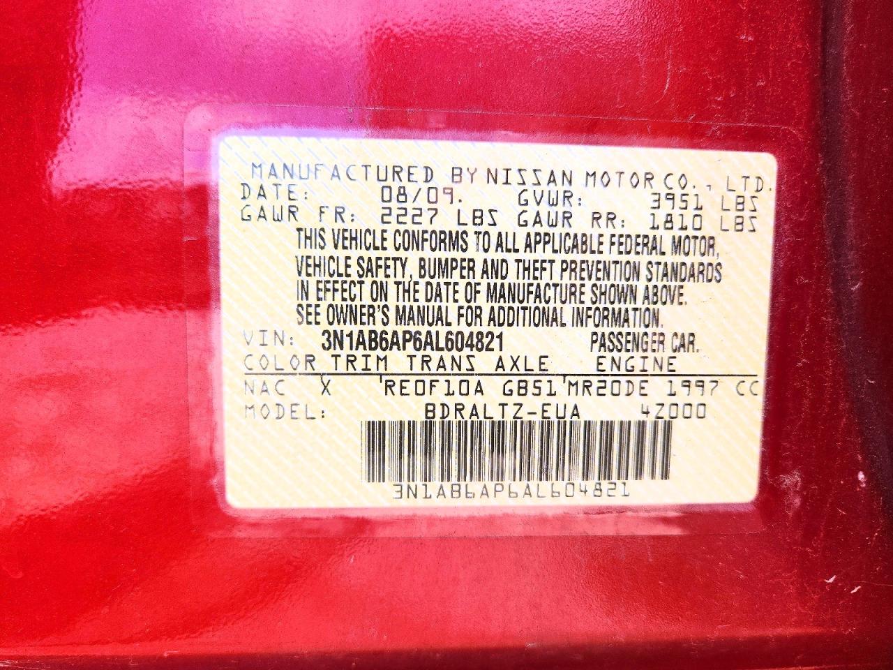 2010 Nissan Sentra 2.0 Red vin: 3N1AB6AP6AL604821