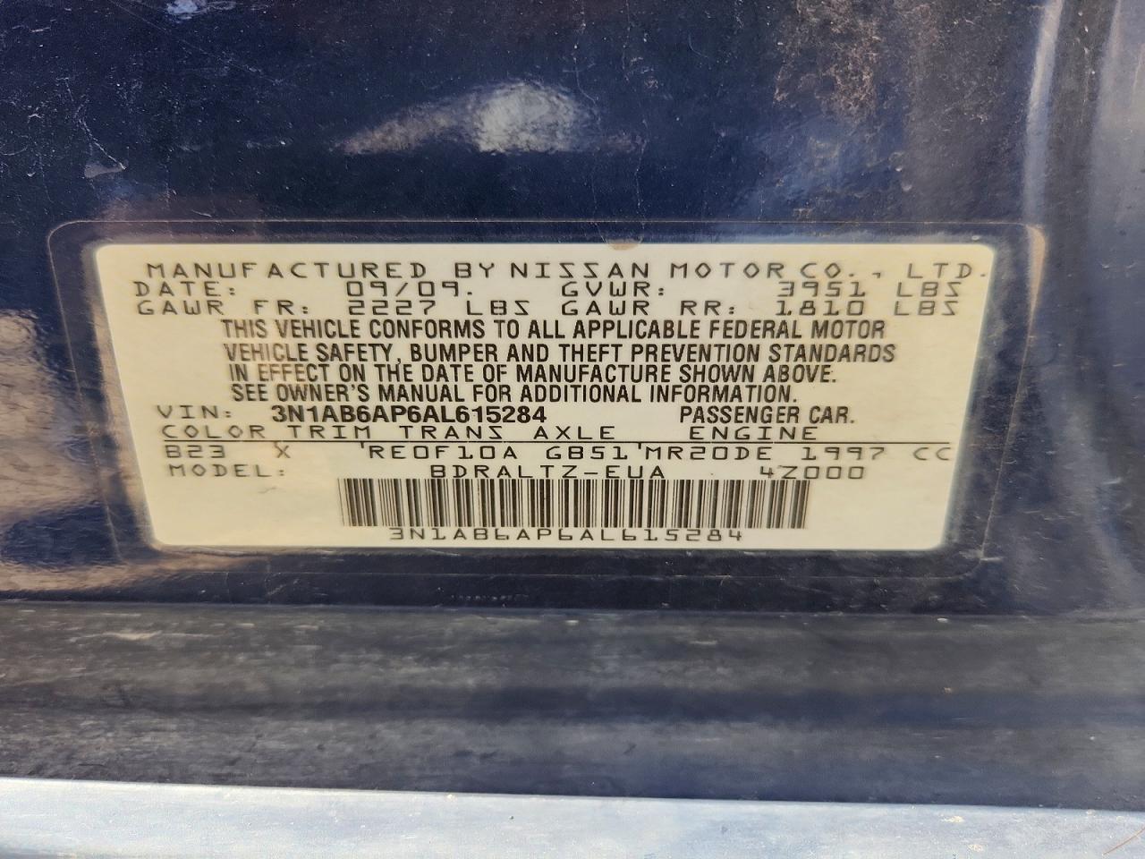 2010 Nissan Sentra 2.0 Blue vin: 3N1AB6AP6AL615284