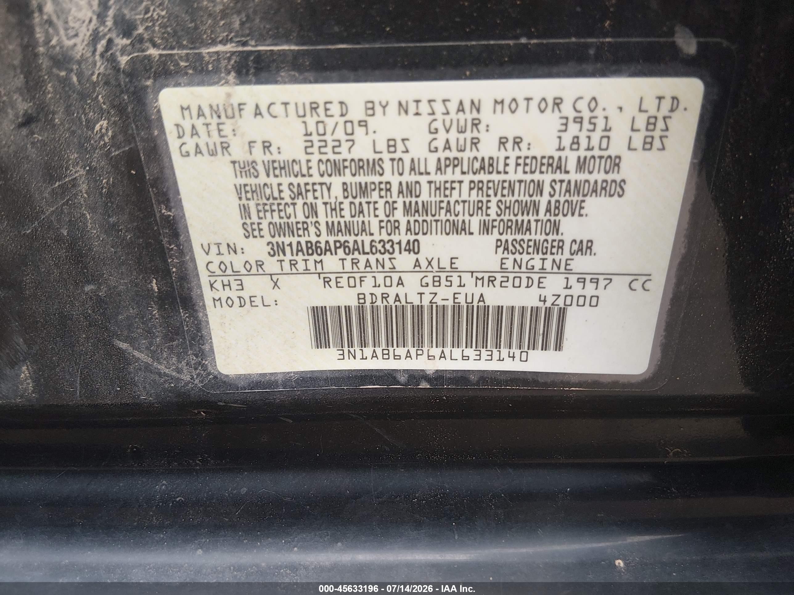 2010 Nissan Sentra 2.0sr Black vin: 3N1AB6AP6AL633140