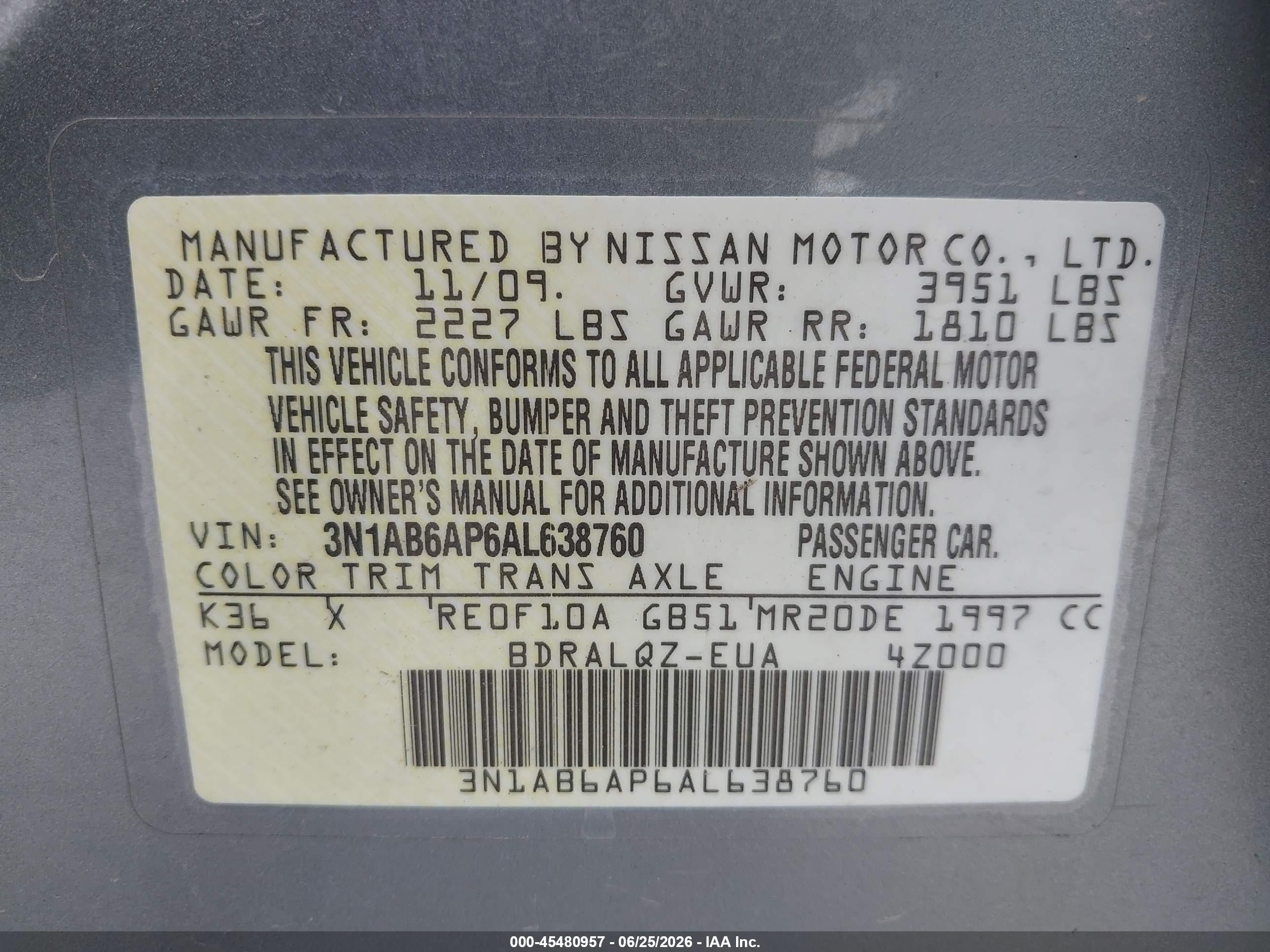 2010 Nissan Sentra 2.0 Silver vin: 3N1AB6AP6AL638760