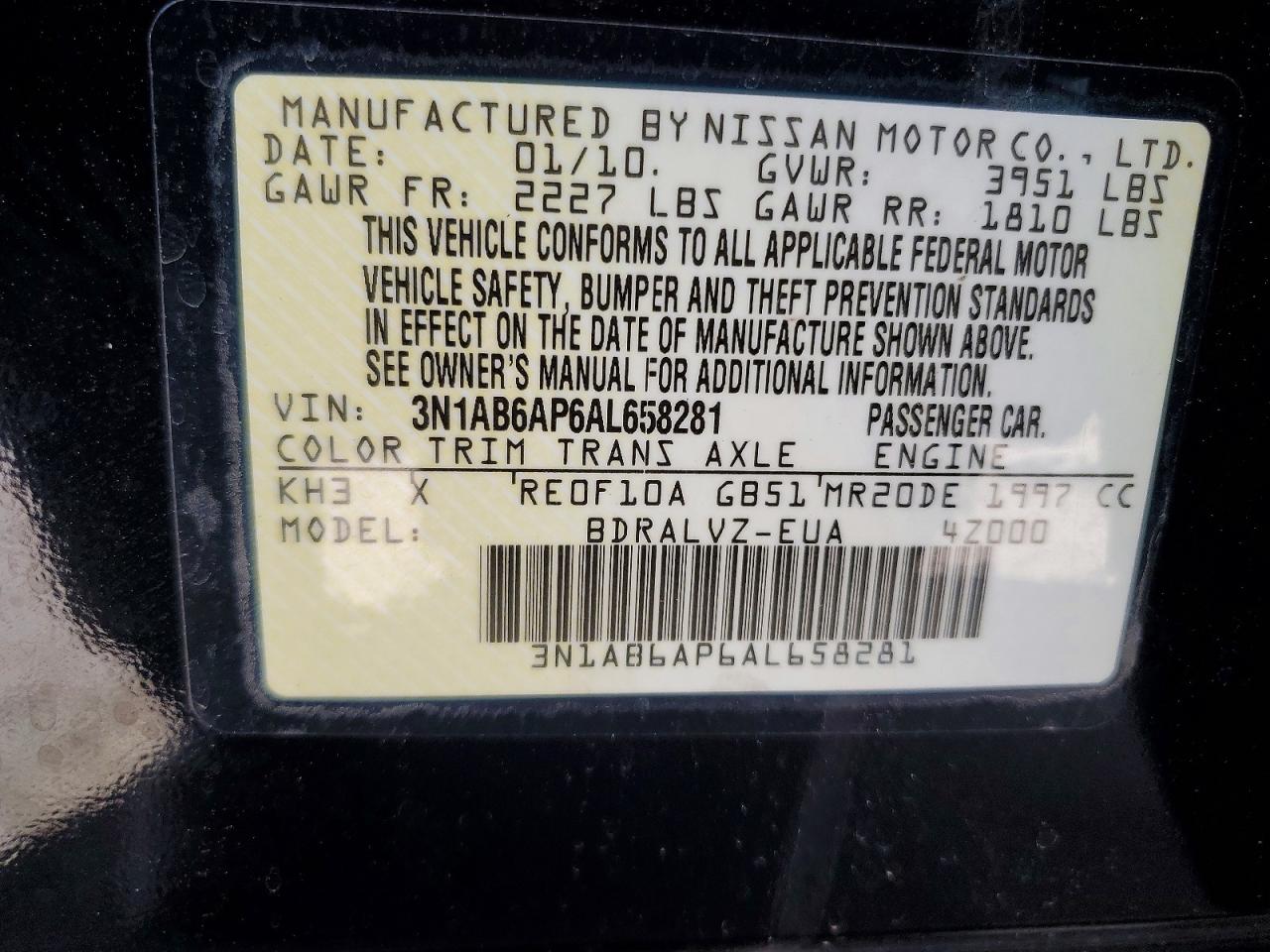 2010 Nissan Sentra 2.0/2.0s/sr/2.0sl Black vin: 3N1AB6AP6AL658281
