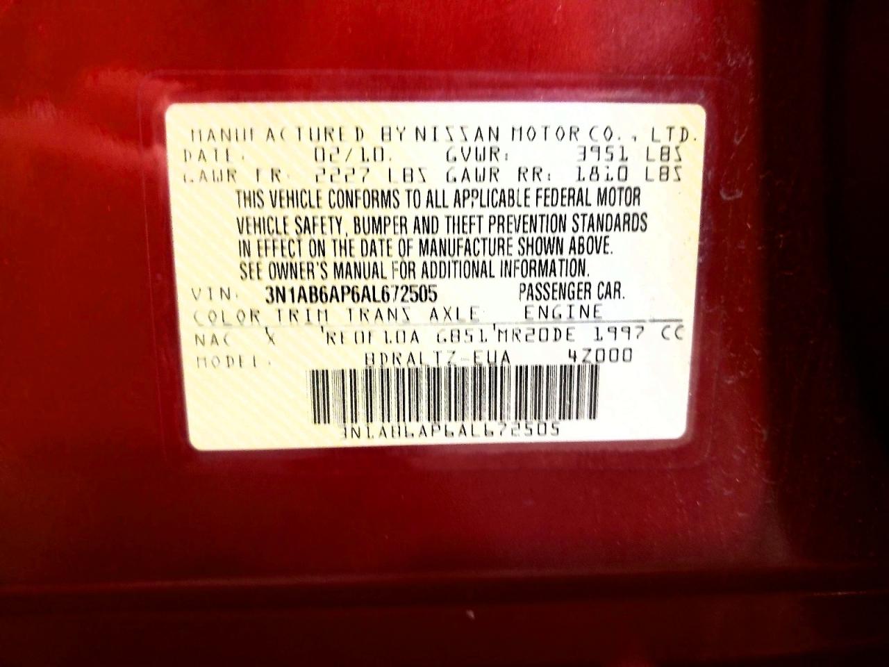2010 Nissan Sentra 2.0 Red vin: 3N1AB6AP6AL672505