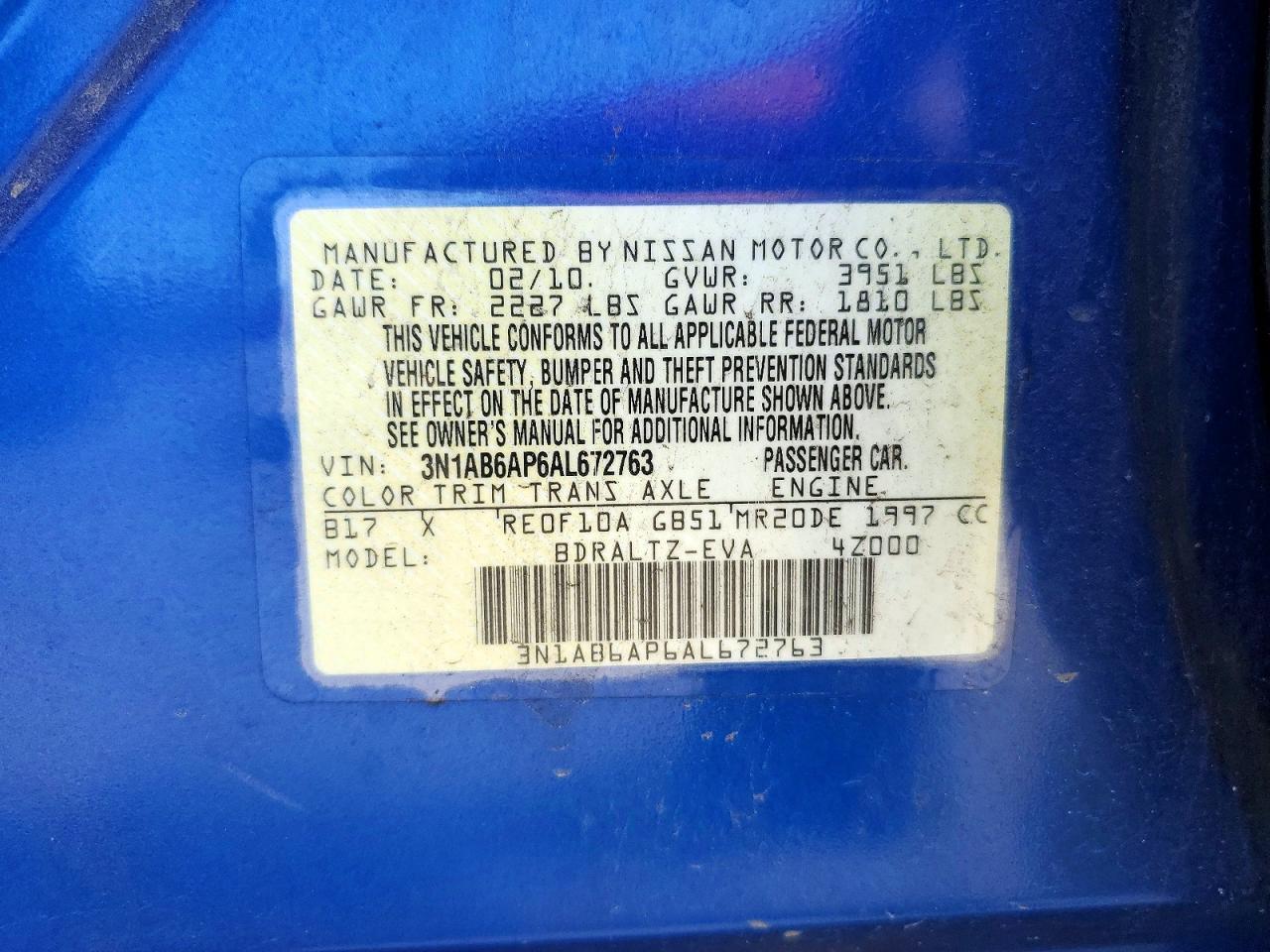 2010 Nissan Sentra 2.0 Blue vin: 3N1AB6AP6AL672763