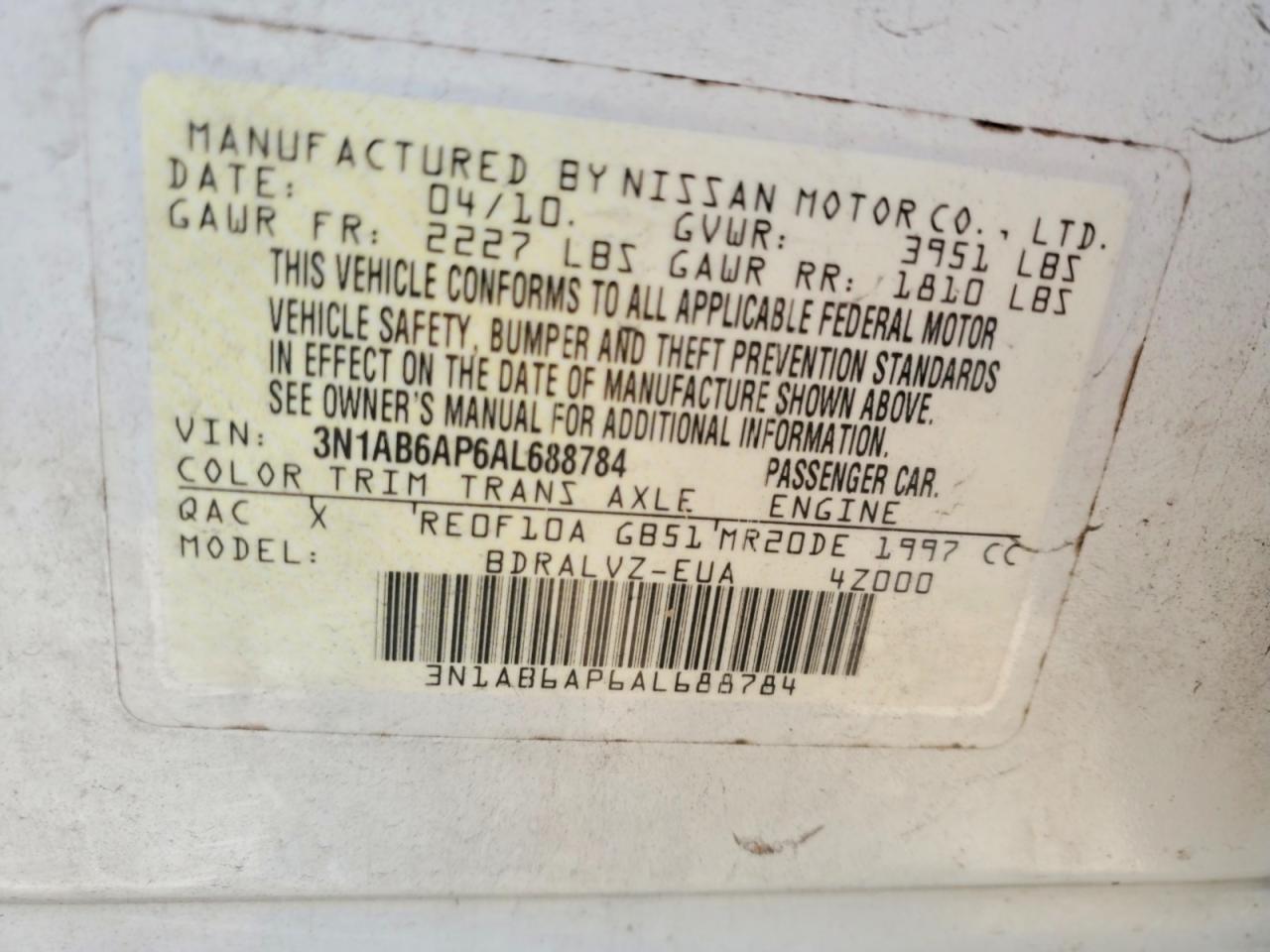 2010 Nissan Sentra 2.0 White vin: 3N1AB6AP6AL688784