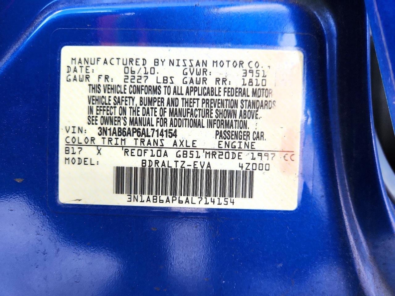 2010 Nissan Sentra 2.0 Blue vin: 3N1AB6AP6AL714154