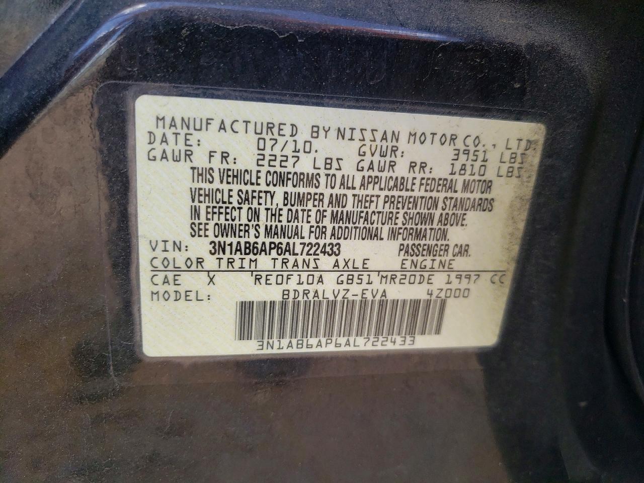 2010 Nissan Sentra 2.0 Черный vin: 3N1AB6AP6AL722433