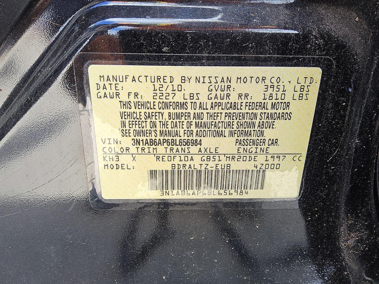 2011 Nissan Sentra 2.0 Black vin: 3N1AB6AP6BL656984
