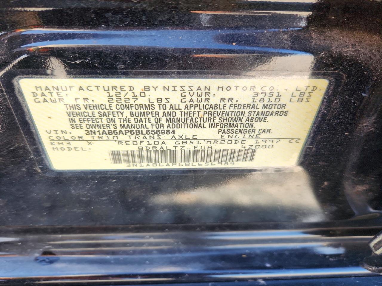 2011 Nissan Sentra 2.0 Black vin: 3N1AB6AP6BL656984