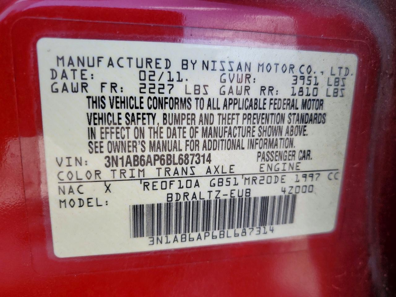 2011 Nissan Sentra 2.0 Red vin: 3N1AB6AP6BL687314