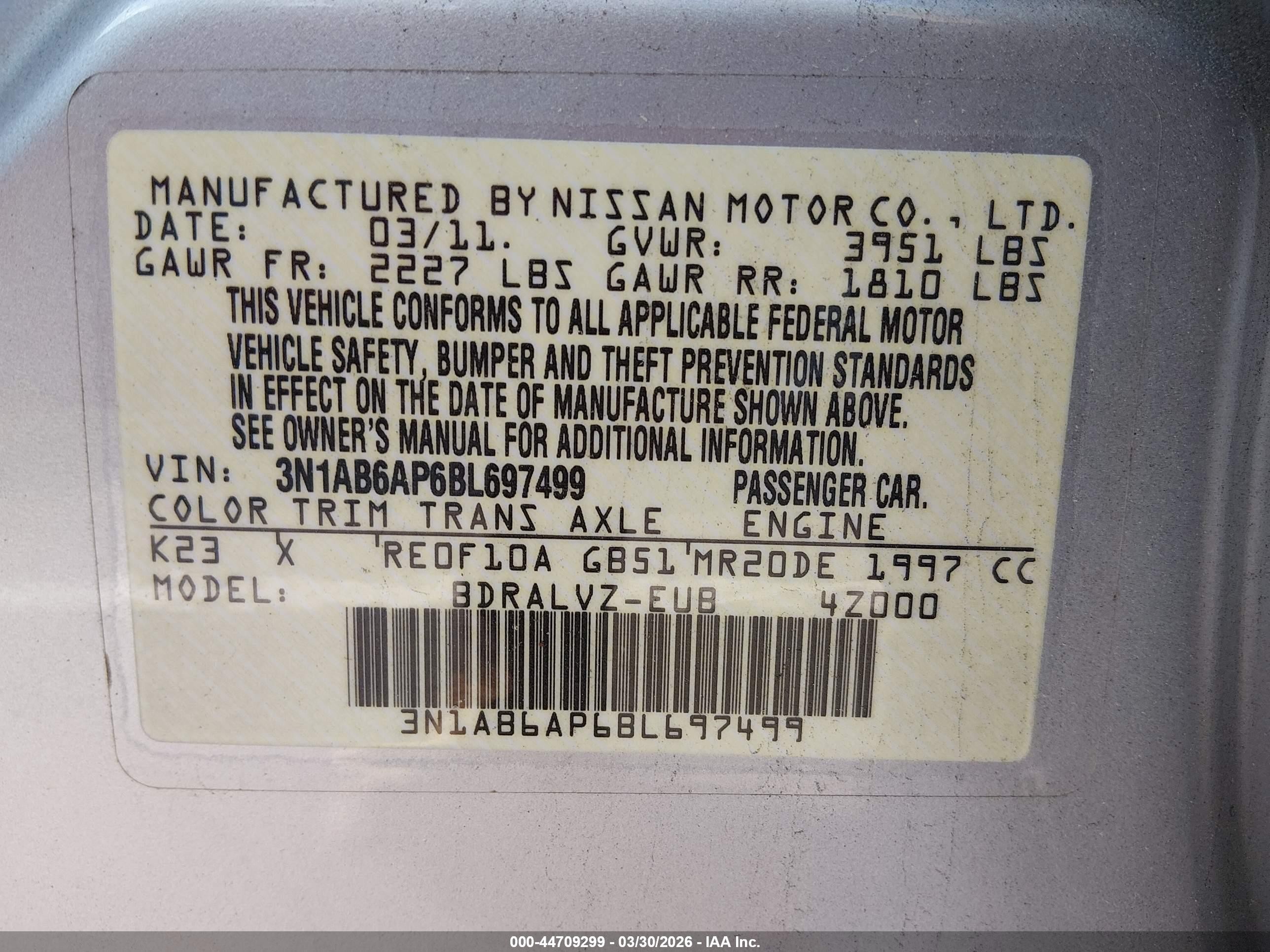 2011 Nissan Sentra 2.0sl Серебряный vin: 3N1AB6AP6BL697499