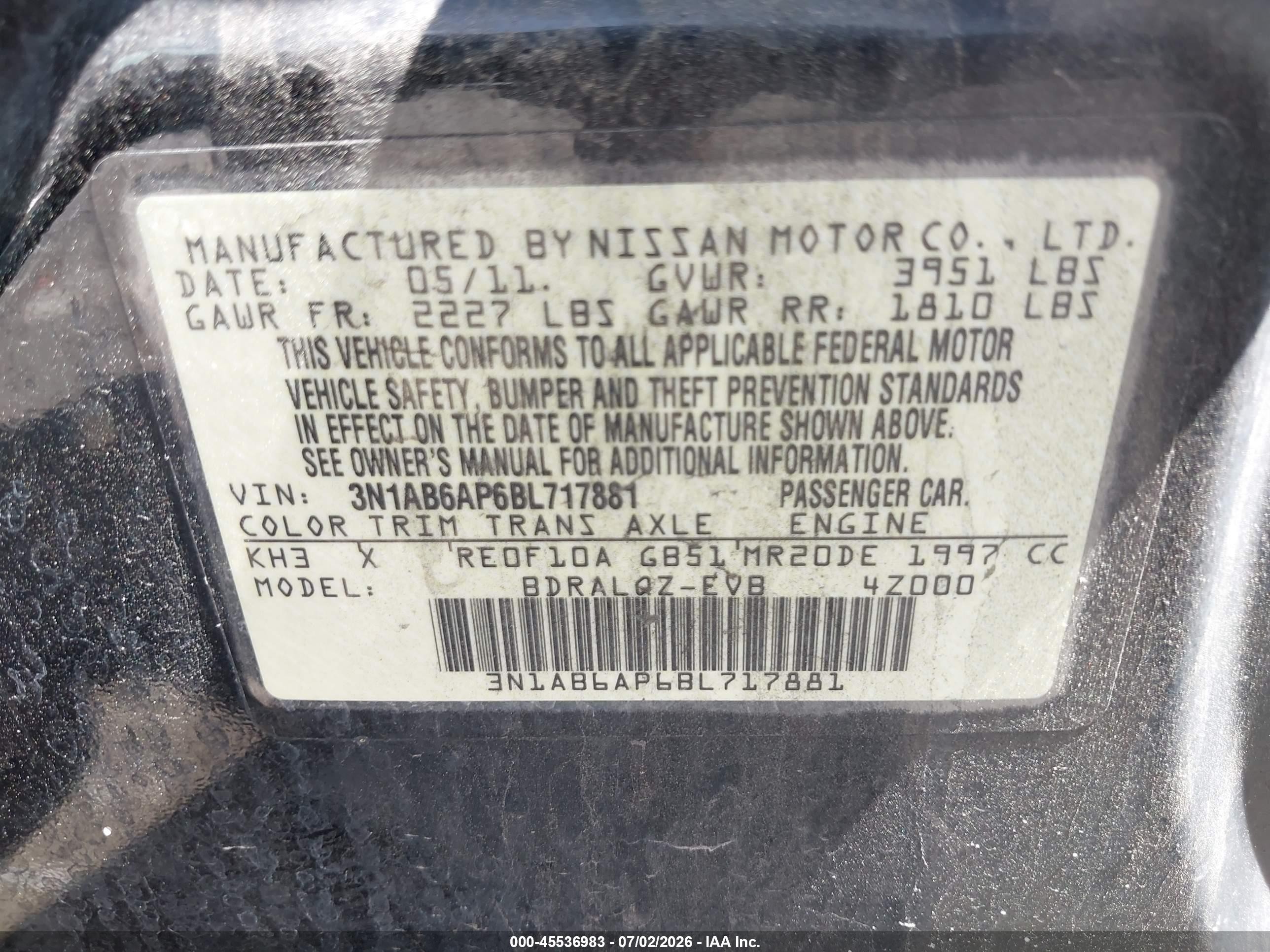 2011 Nissan Sentra 2.0 Black vin: 3N1AB6AP6BL717881