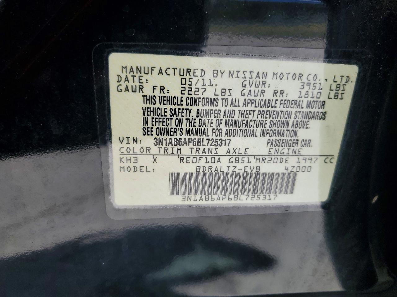 2011 Nissan Sentra 2.0 Black vin: 3N1AB6AP6BL725317