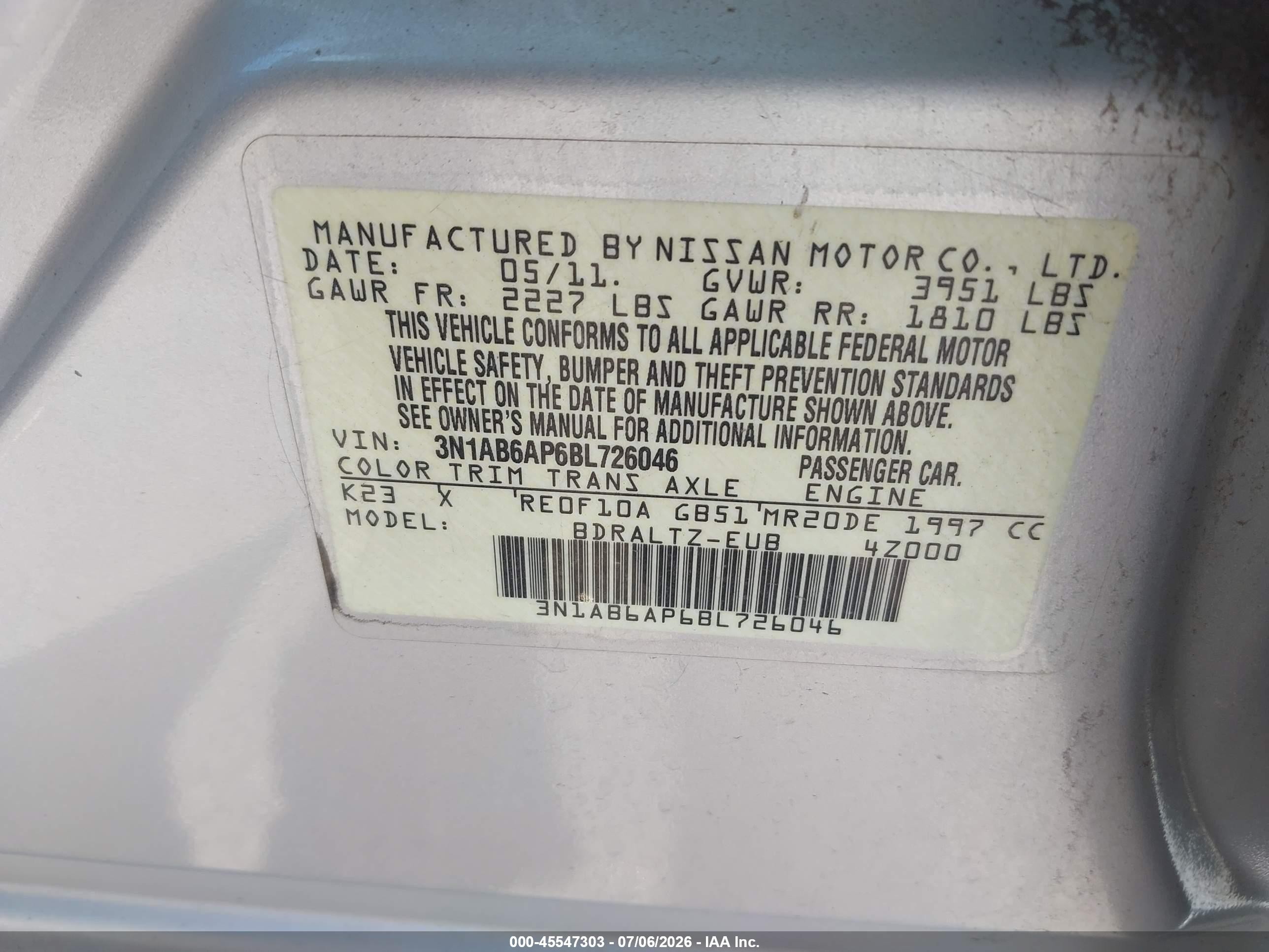 2011 Nissan Sentra 2.0s Silver vin: 3N1AB6AP6BL726046