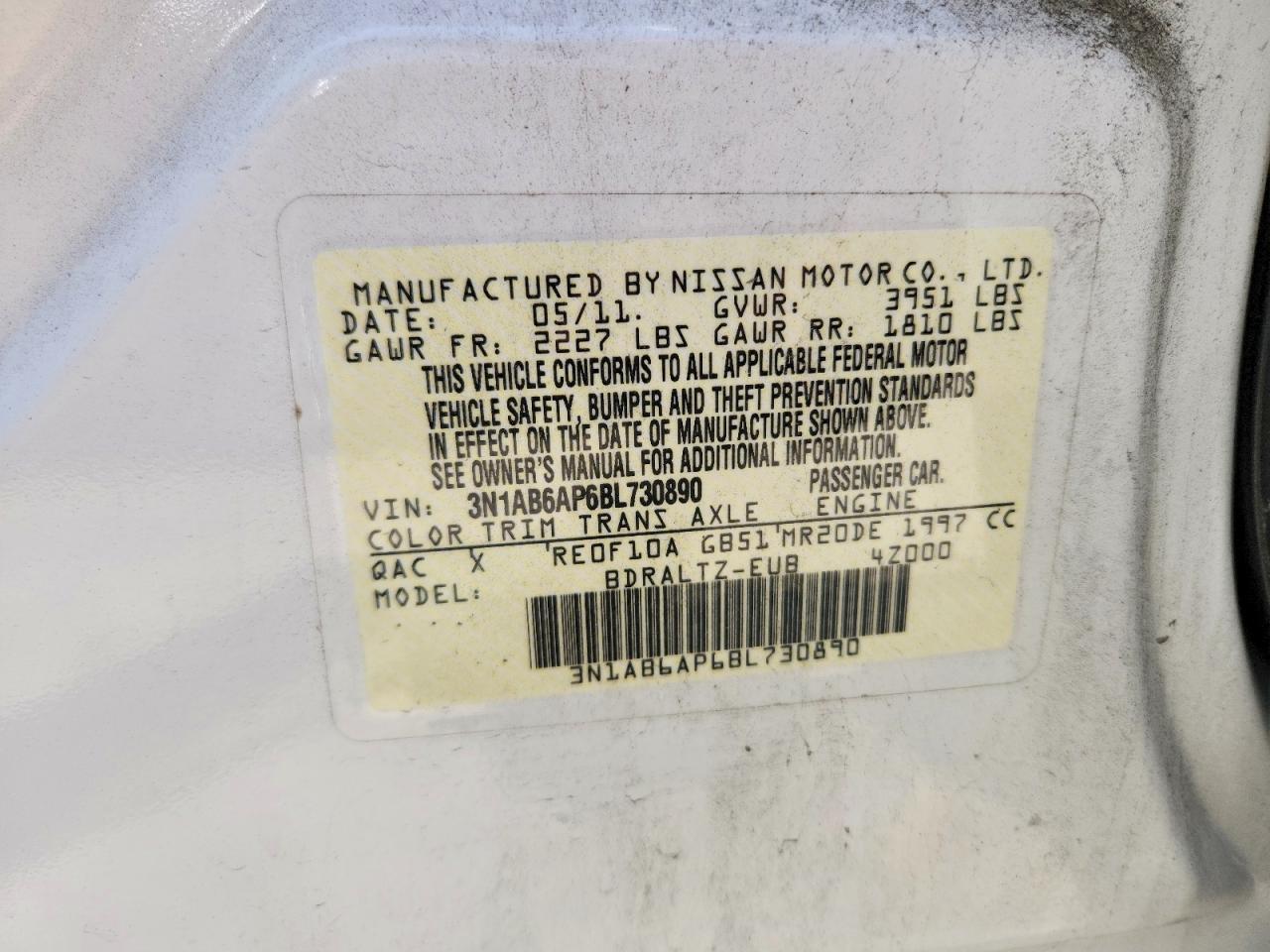 2011 Nissan Sentra 2.0 White vin: 3N1AB6AP6BL730890