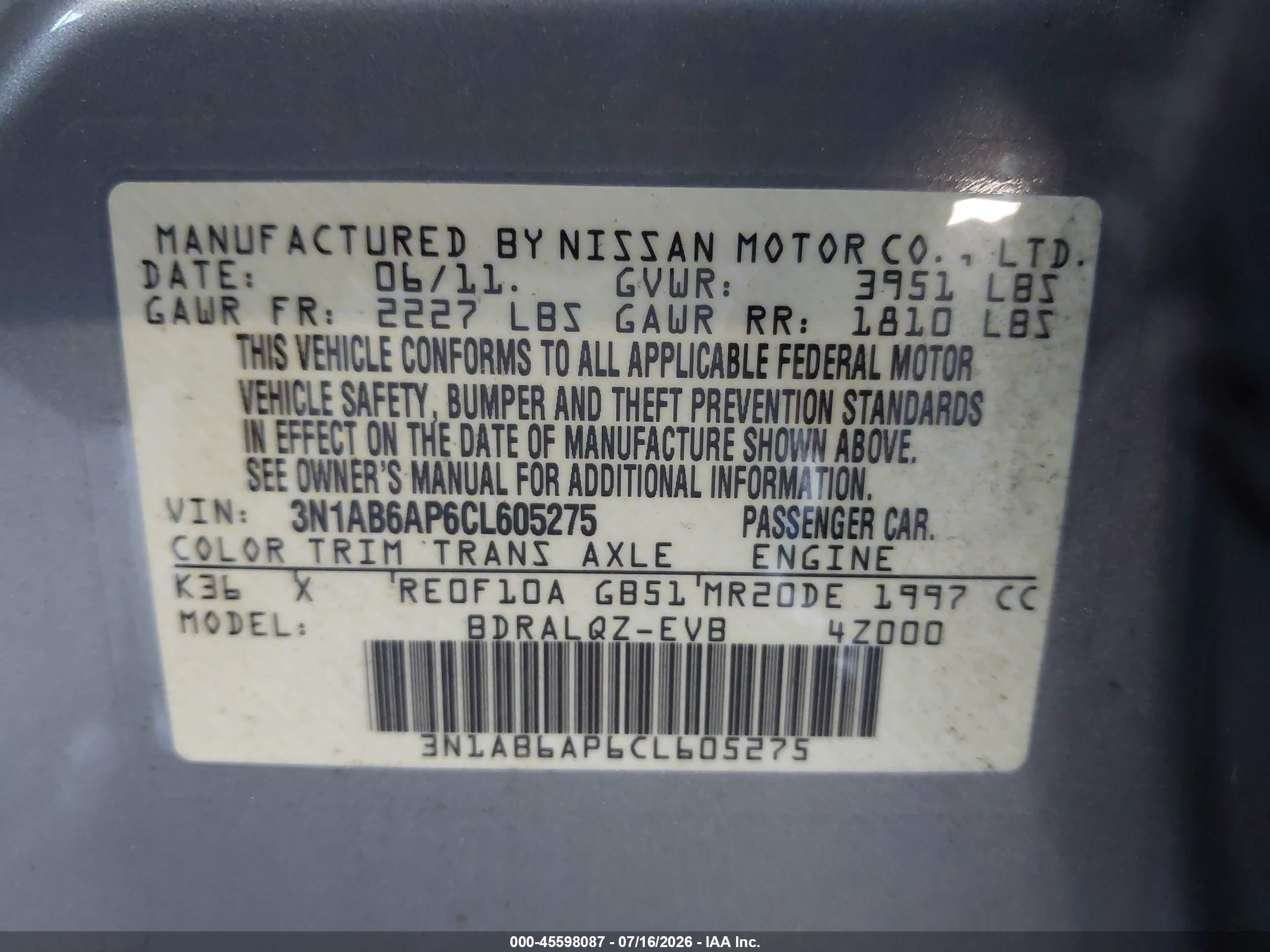 2012 Nissan Sentra 2.0 Серый vin: 3N1AB6AP6CL605275