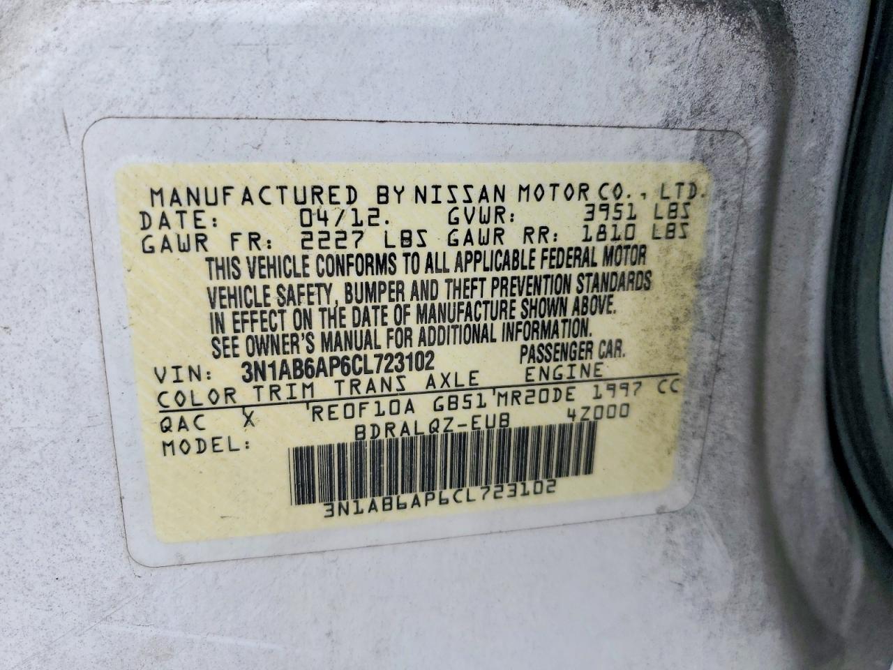 2012 Nissan Sentra 2.0 White vin: 3N1AB6AP6CL723102