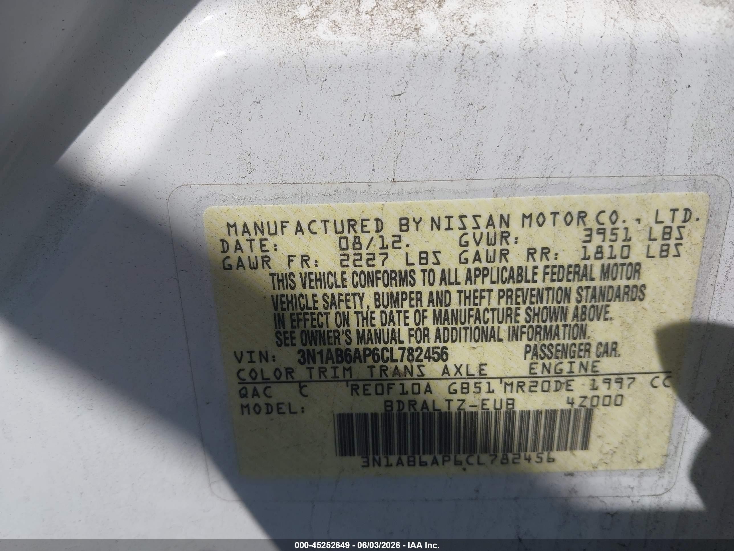 2012 Nissan Sentra 2.0 S White vin: 3N1AB6AP6CL782456