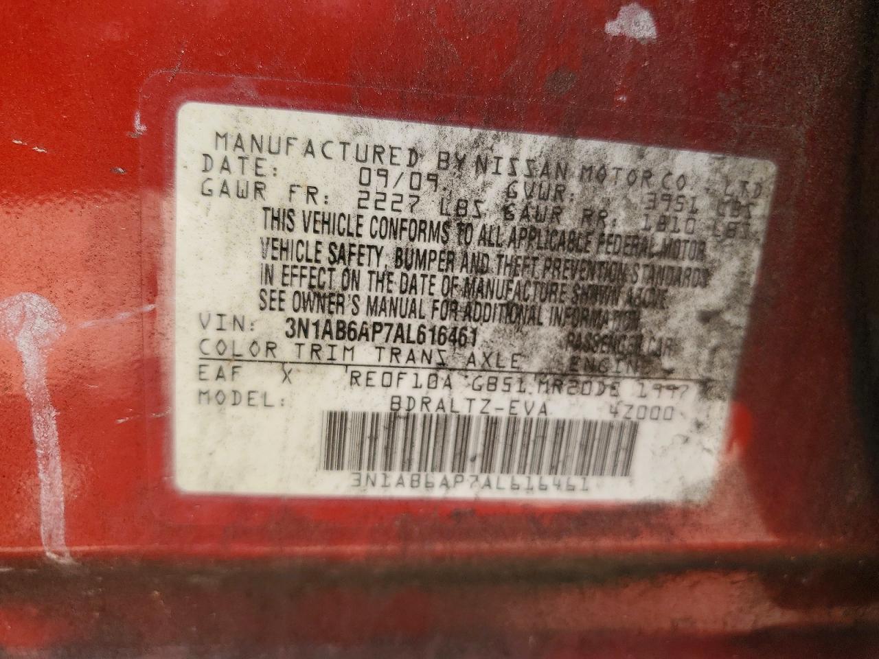 2010 Nissan Sentra 2.0 Red vin: 3N1AB6AP7AL616461