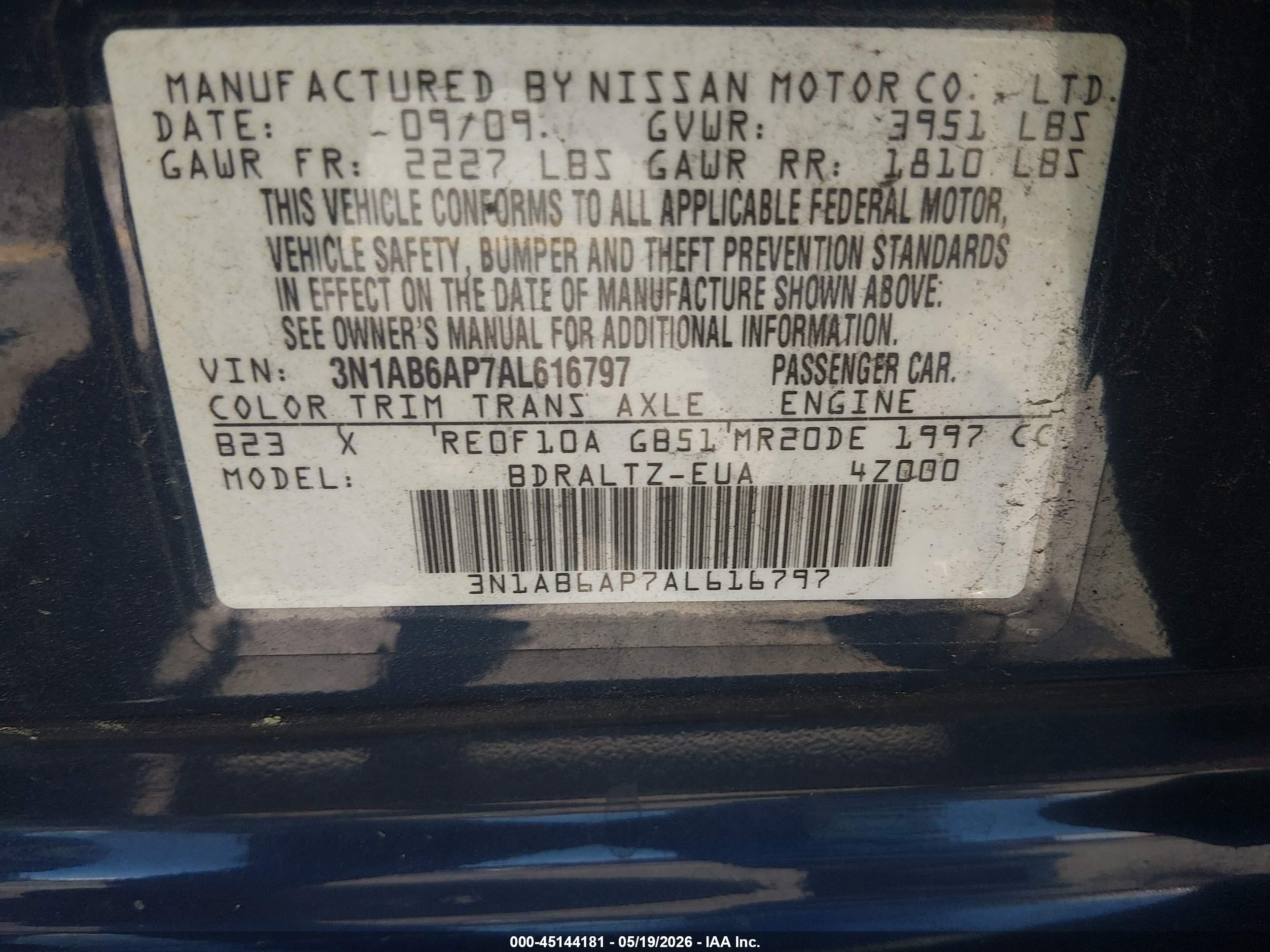 2010 Nissan Sentra 2.0s Blue vin: 3N1AB6AP7AL616797