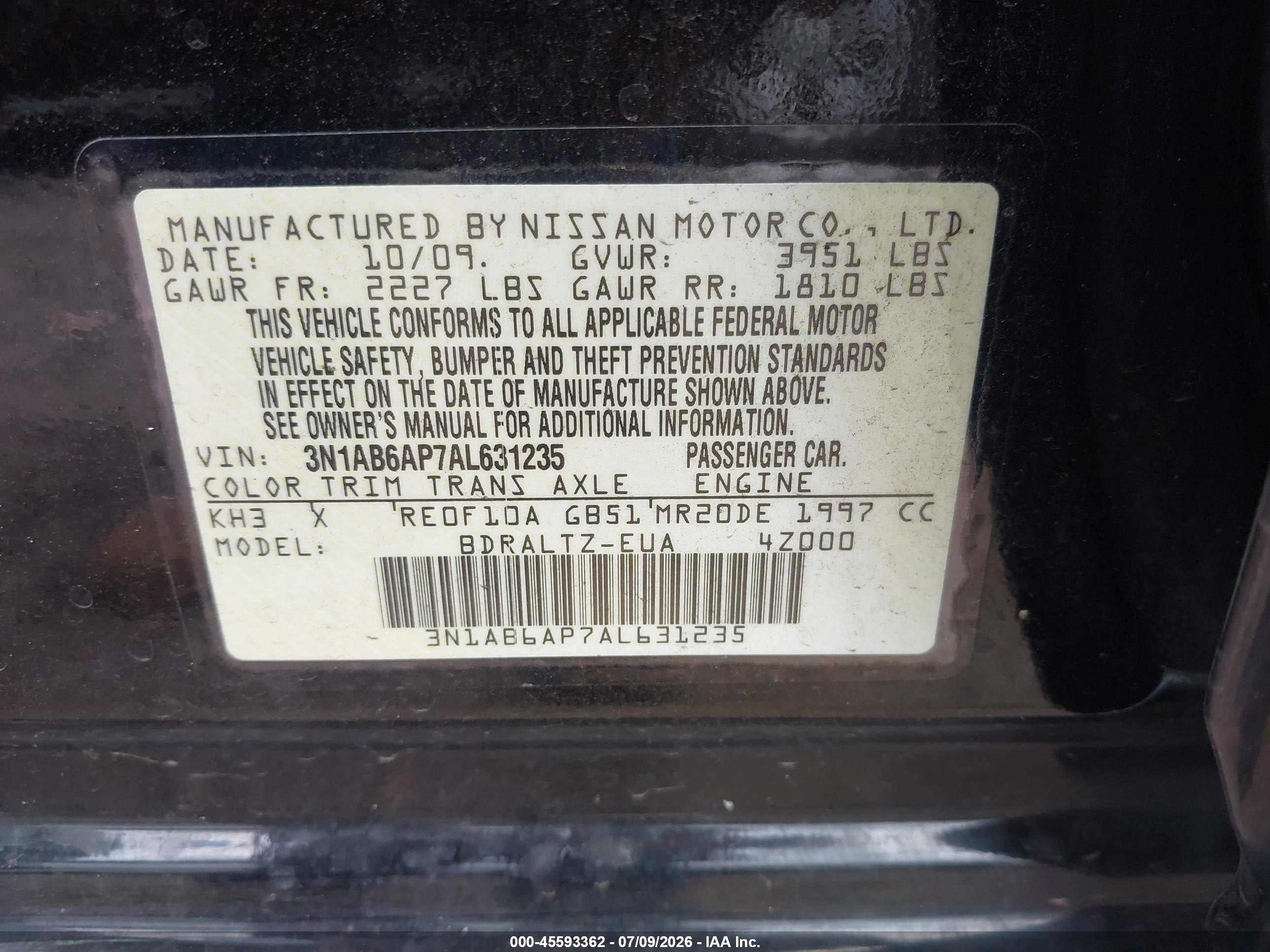 2010 Nissan Sentra 2.0s Black vin: 3N1AB6AP7AL631235