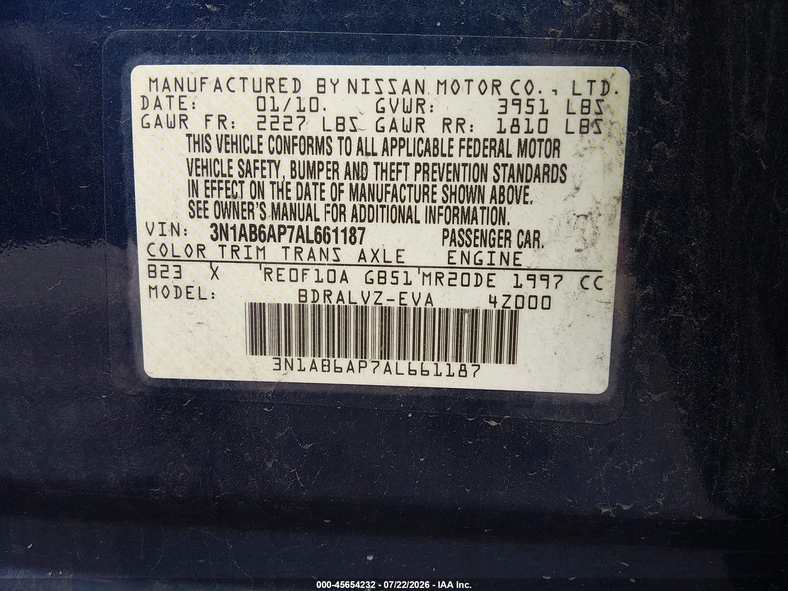 2010 Nissan Sentra 2.0sl Blue vin: 3N1AB6AP7AL661187