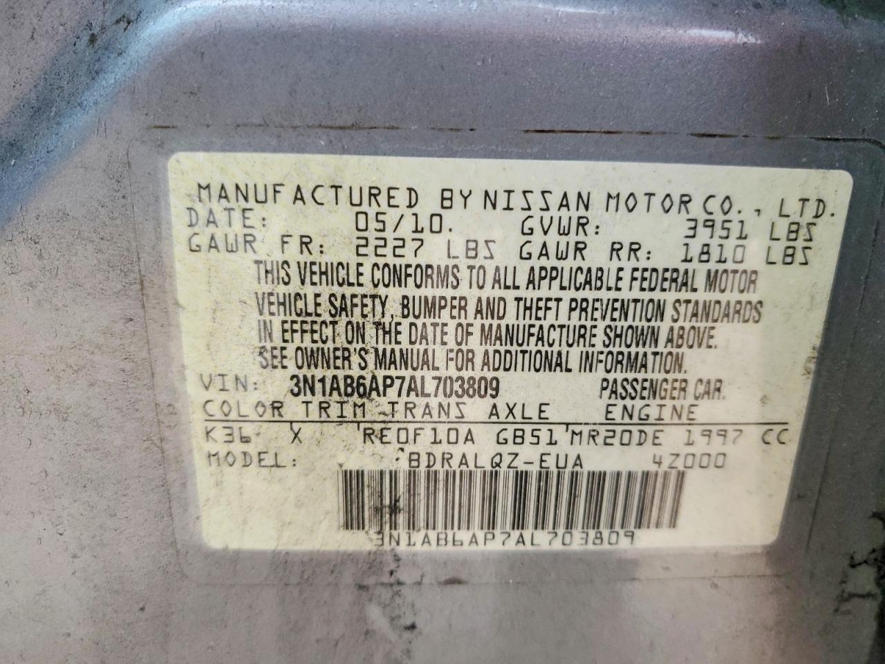 2010 Nissan Sentra 2.0 Gray vin: 3N1AB6AP7AL703809