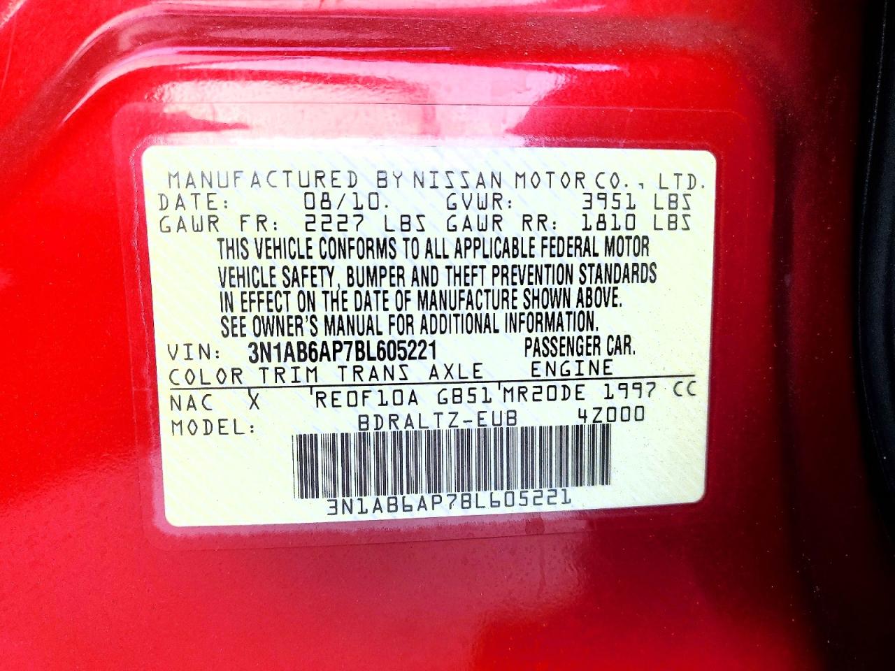 2011 Nissan Sentra 2.0 Red vin: 3N1AB6AP7BL605221