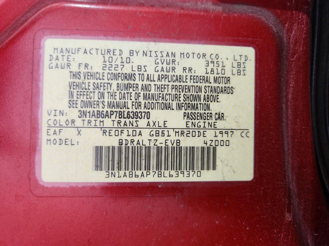 2011 Nissan Sentra 2.0 Red vin: 3N1AB6AP7BL639370