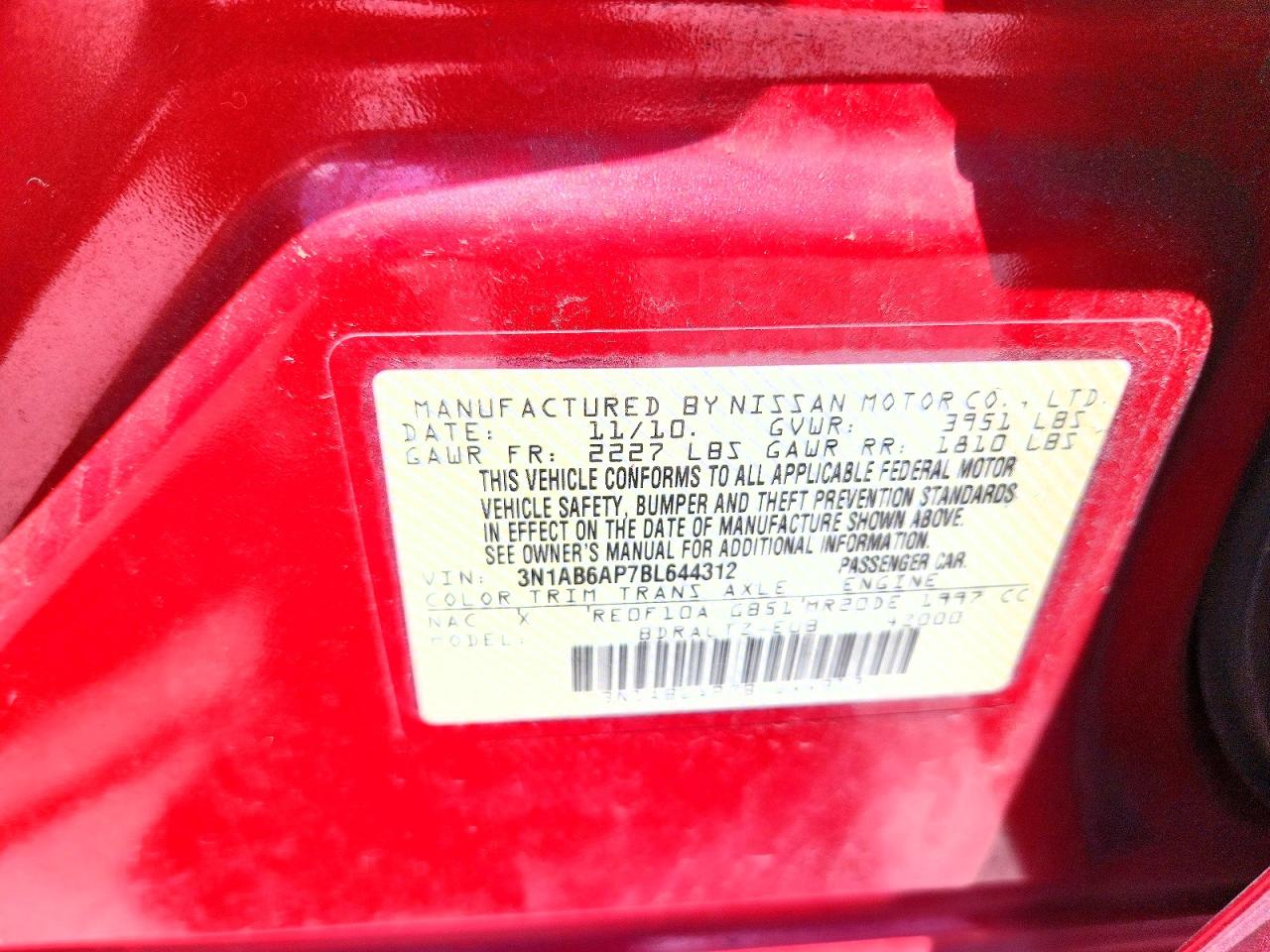 2011 Nissan Sentra 2.0 Red vin: 3N1AB6AP7BL644312