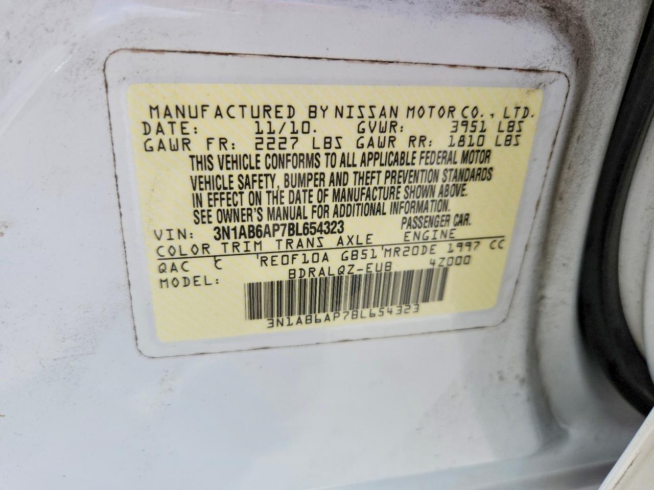 2011 Nissan Sentra 2.0 White vin: 3N1AB6AP7BL654323