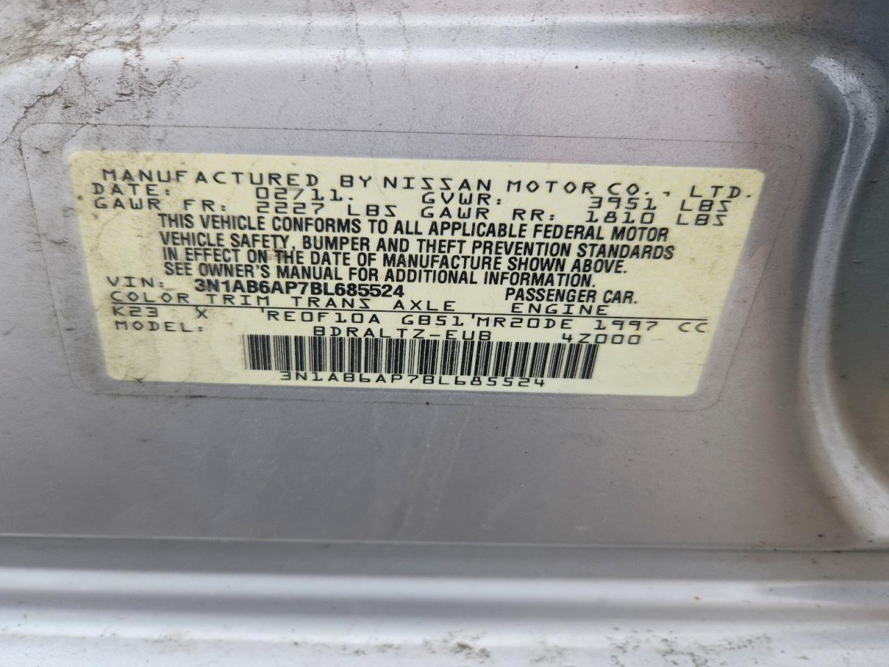 2011 Nissan Sentra 2.0 Silver vin: 3N1AB6AP7BL685524