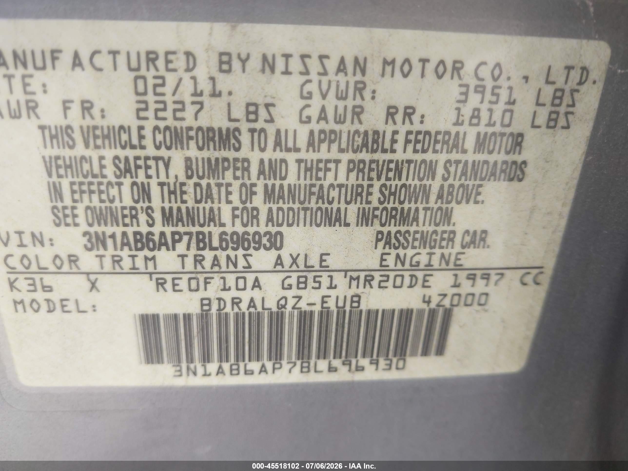 2011 Nissan Sentra 2.0 Silver vin: 3N1AB6AP7BL696930