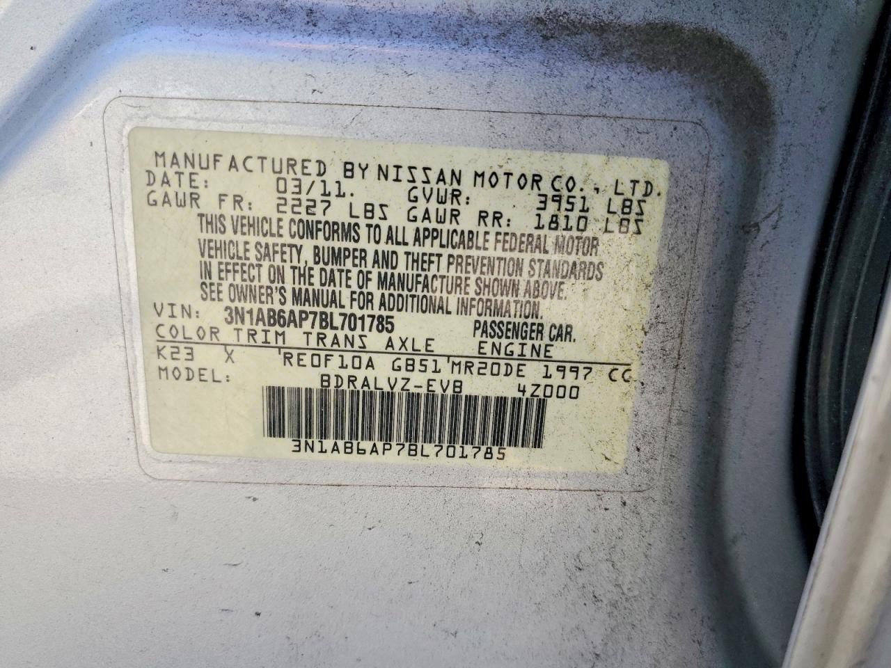 2011 Nissan Sentra 2.0 Silver vin: 3N1AB6AP7BL701785