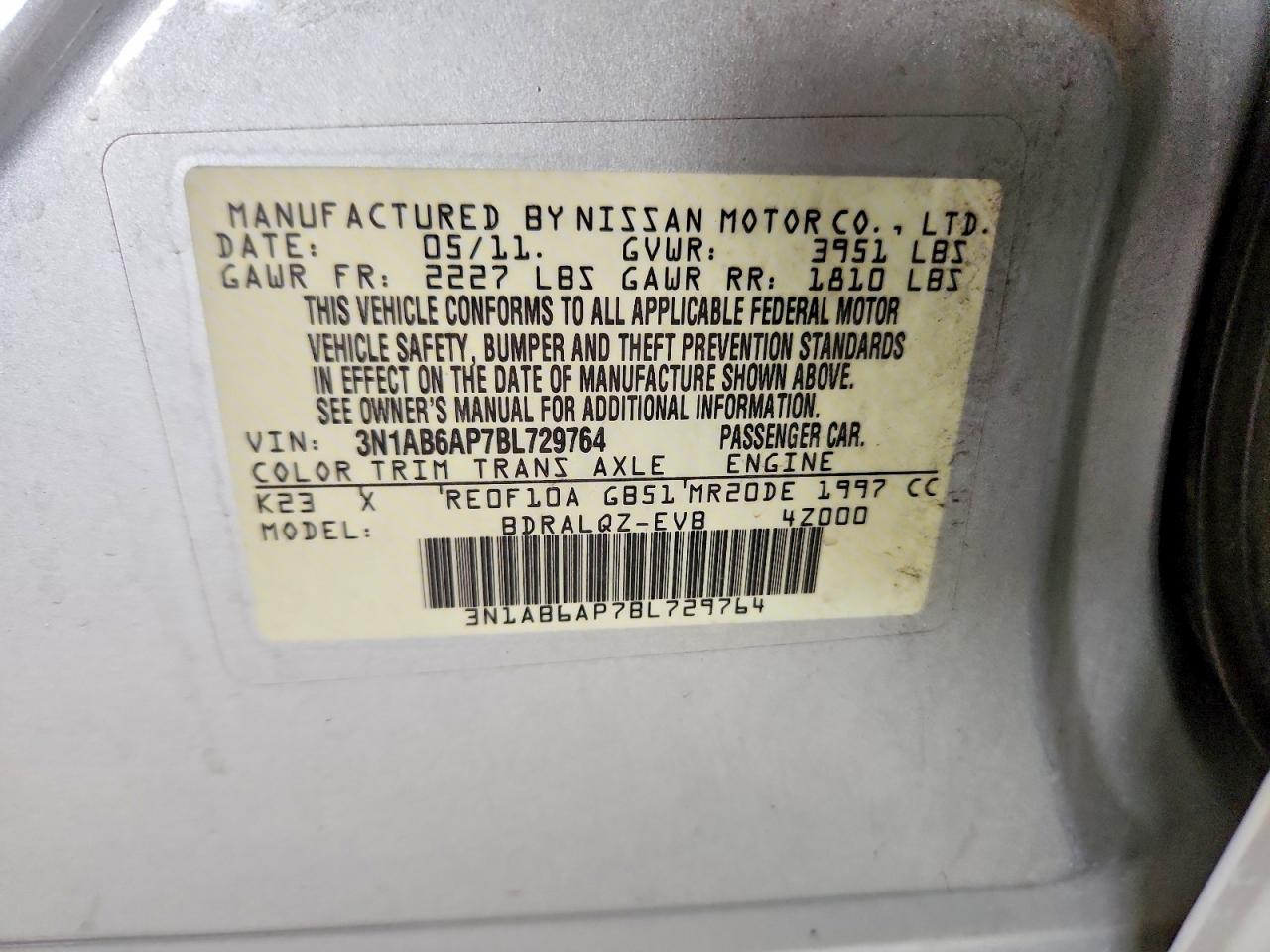 2011 Nissan Sentra 2.0 Silver vin: 3N1AB6AP7BL729764