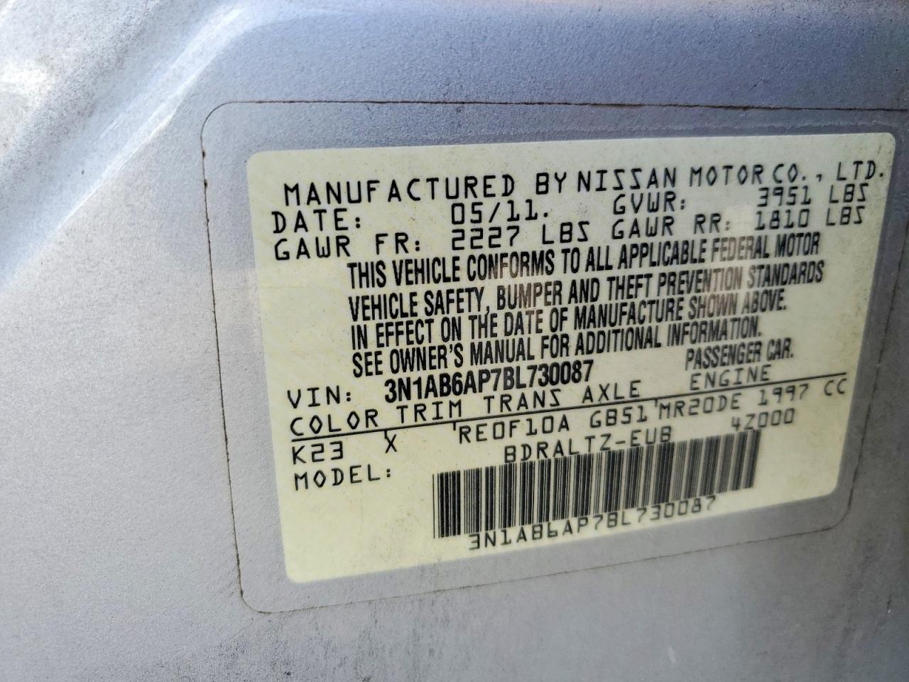 2011 Nissan Sentra 2.0 Silver vin: 3N1AB6AP7BL730087