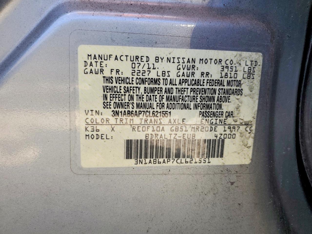 2012 Nissan Sentra 2.0 Gray vin: 3N1AB6AP7CL621551