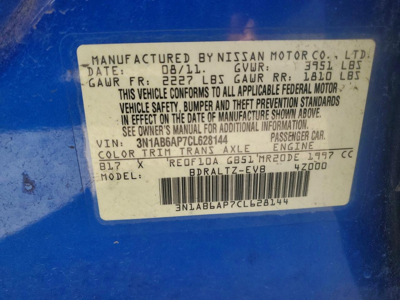 2012 Nissan Sentra 2.0 Blue vin: 3N1AB6AP7CL628144