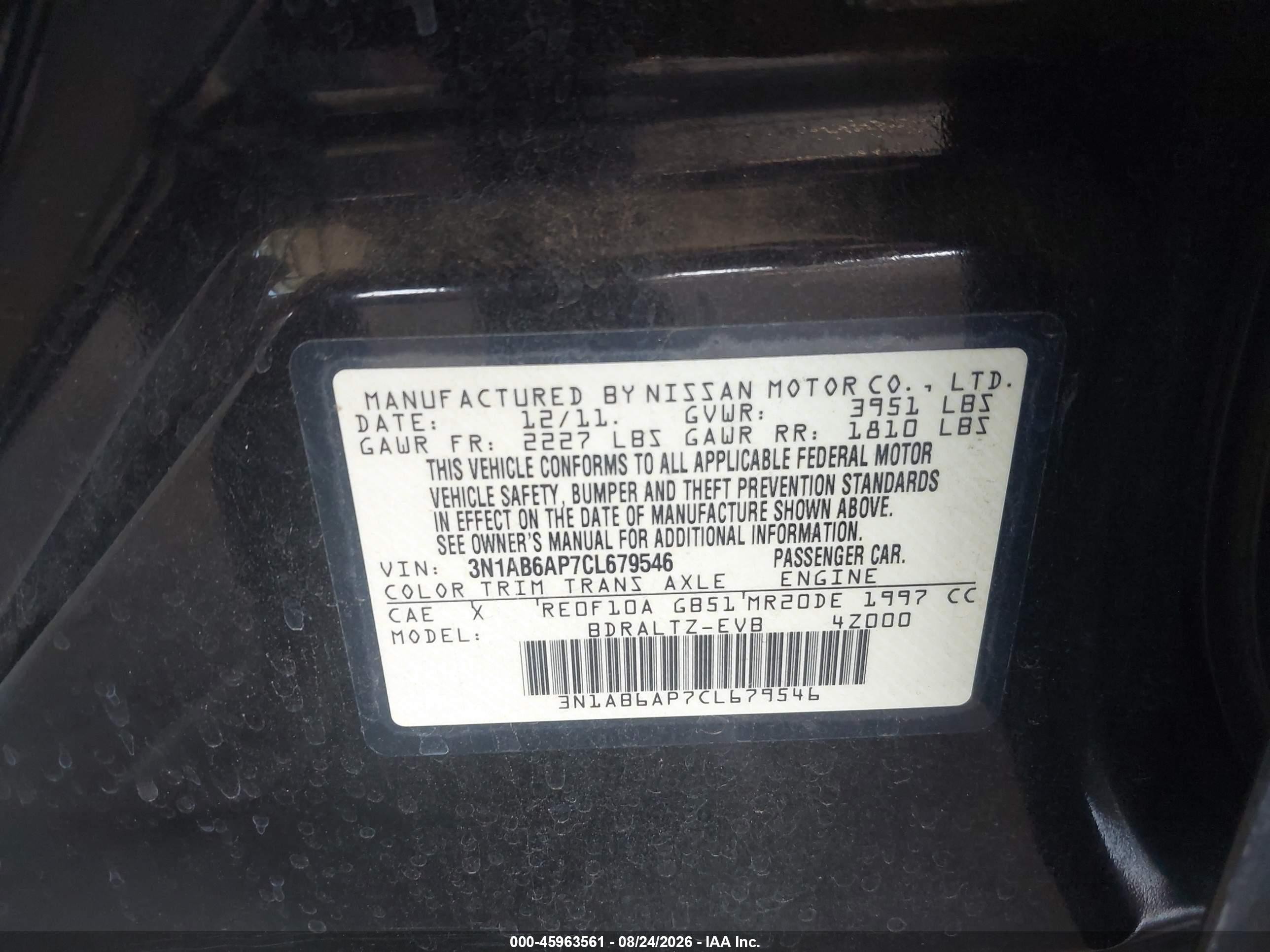 2012 Nissan Sentra 2.0 S Black vin: 3N1AB6AP7CL679546