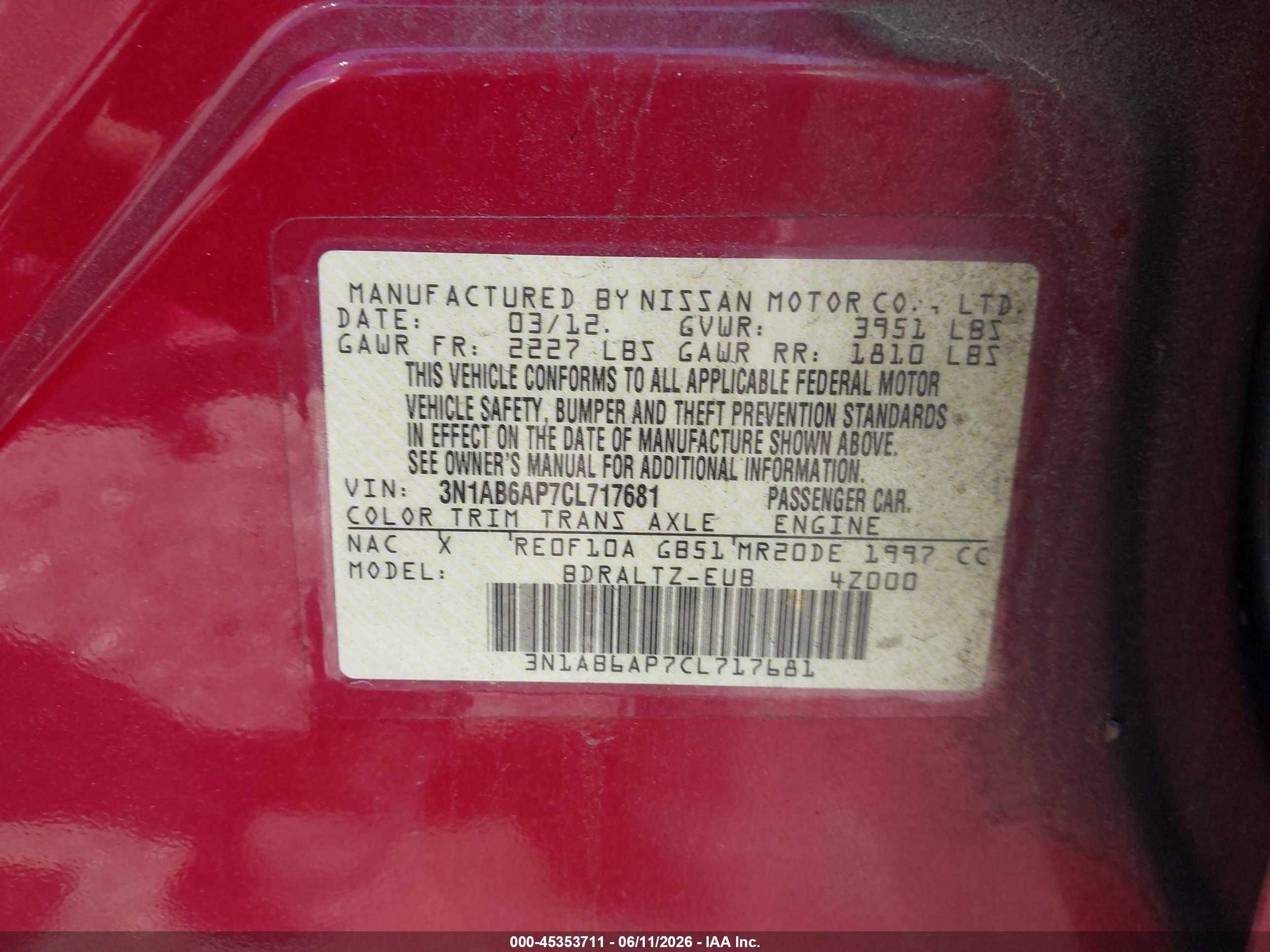 2012 Nissan Sentra 2.0 S Red vin: 3N1AB6AP7CL717681