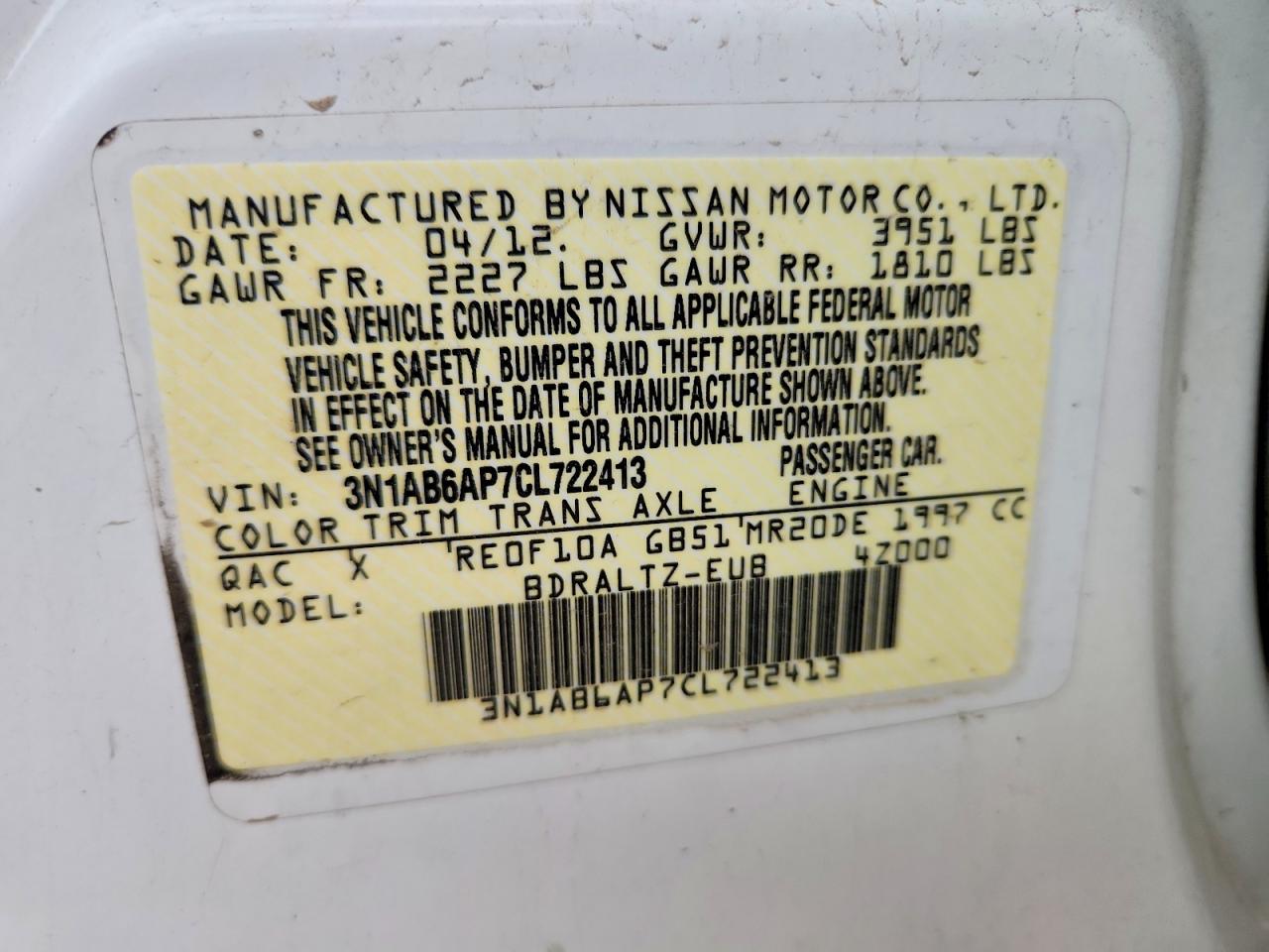 2012 Nissan Sentra 2.0 White vin: 3N1AB6AP7CL722413